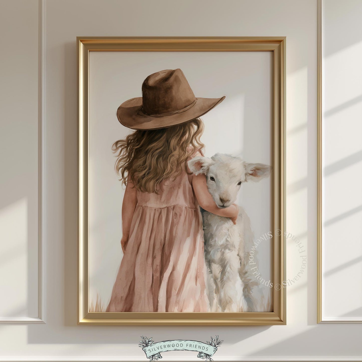 Girl in brown hat with lamb poster — gentle nursery wall art featuring delicate pastels and farmhouse warmth
