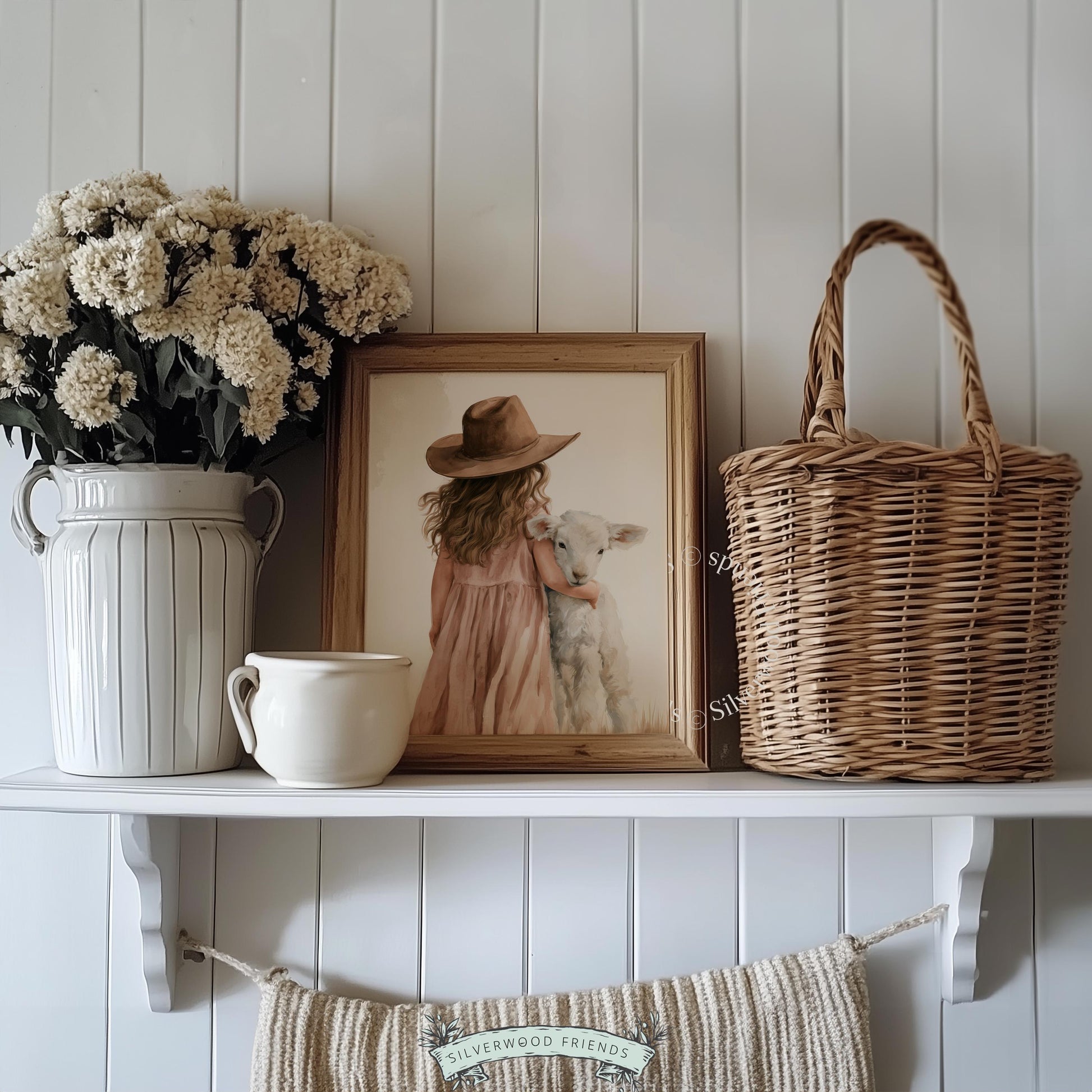 Child embracing sheep digital print for baby room — delicate watercolor farmhouse wall decor