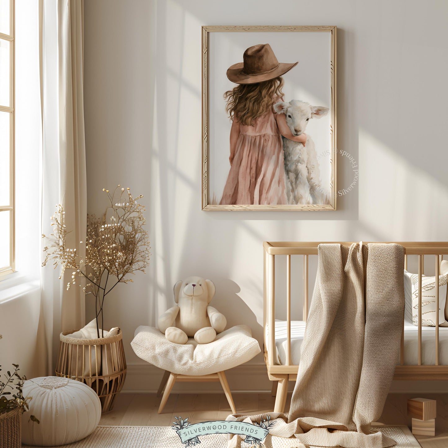 Young child with fluffy sheep digital print for baby room — gentle storybook aesthetic in muted pastels