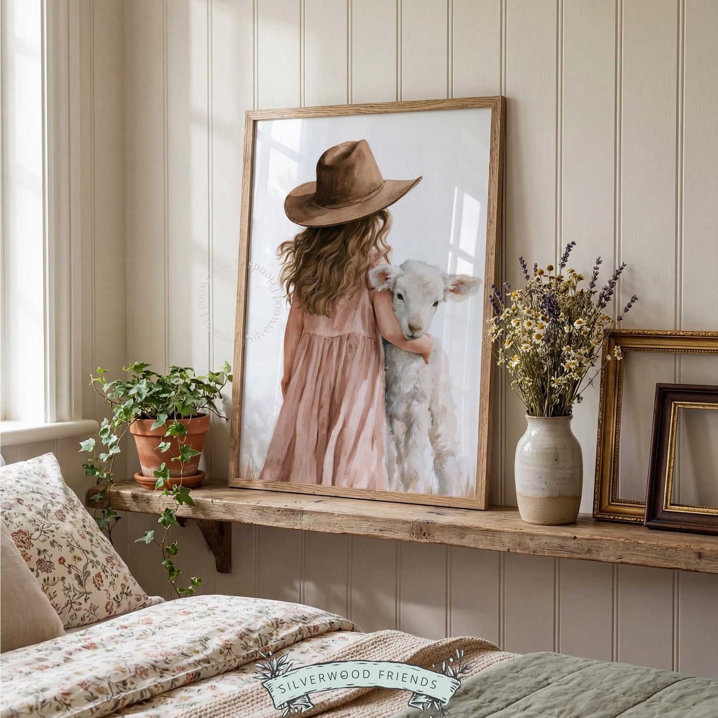 Child holding sheep poster for country nursery — tender scene with loose curly hair and wide-brim hat