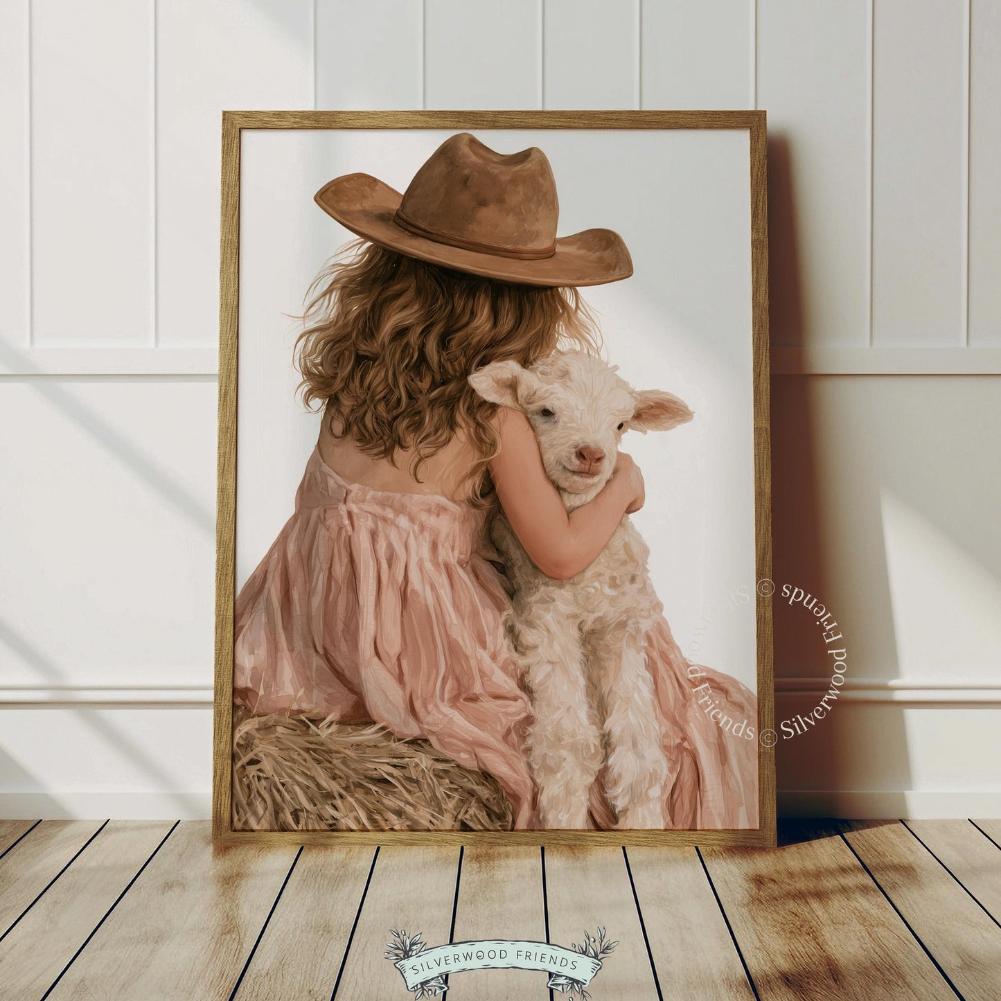 Child with baby lamb wall decor for farm-themed room — soft brushwork pastoral scene
