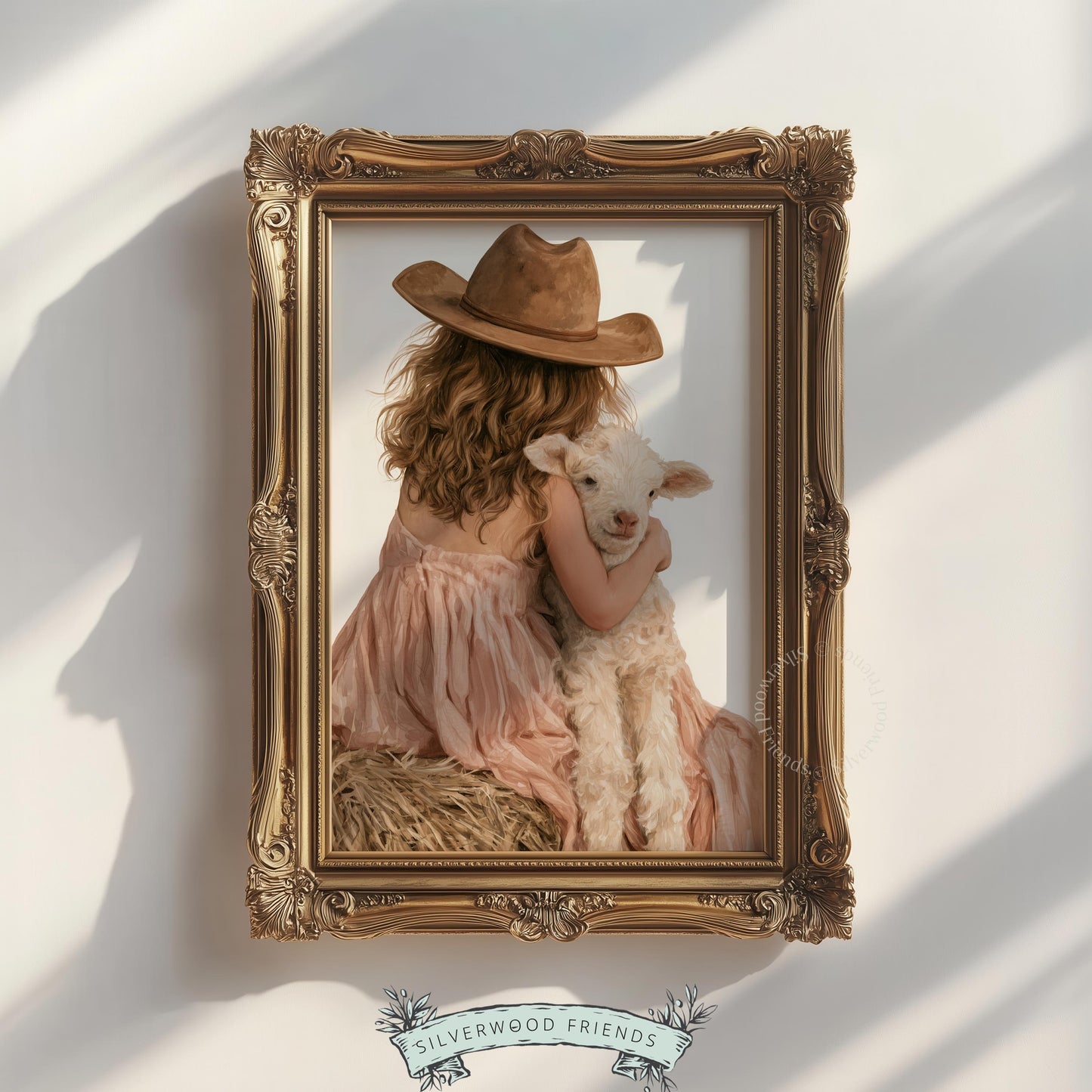 Cowgirl holding lamb wall art for baby room — gentle pastoral scene in dusty rose and ivory