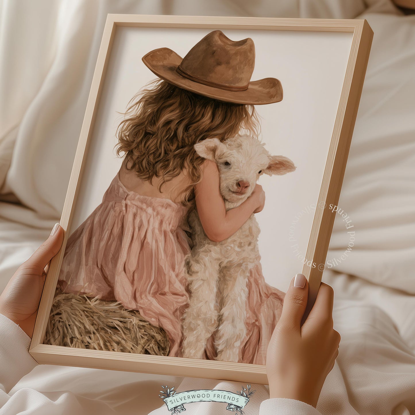 Child embracing baby sheep digital print for kids room — cozy rural aesthetic with muted cream tones