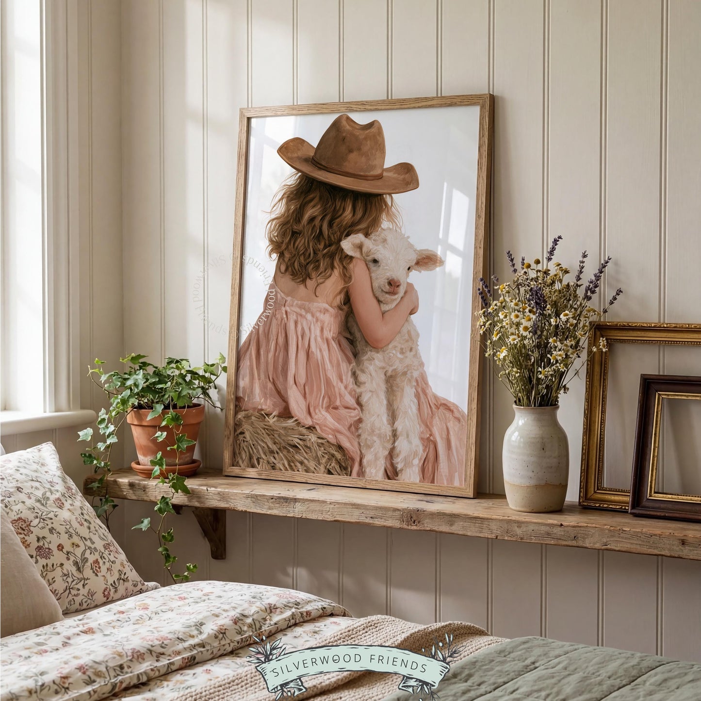 Young girl holding lamb instant download art for playroom — rustic farmhouse beauty