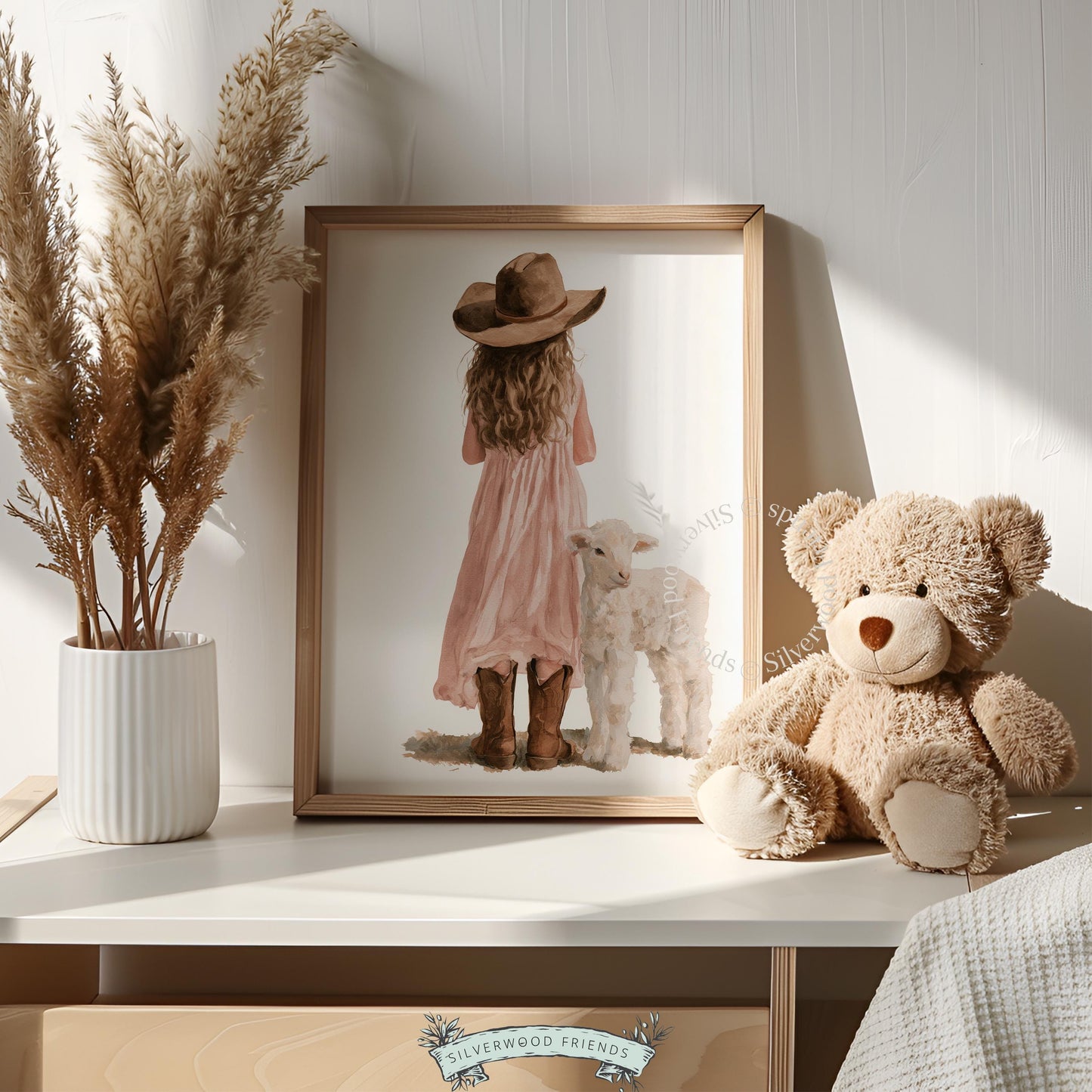 Child with sheep digital download poster for nursery — gentle pastoral illustration in soft neutral palette