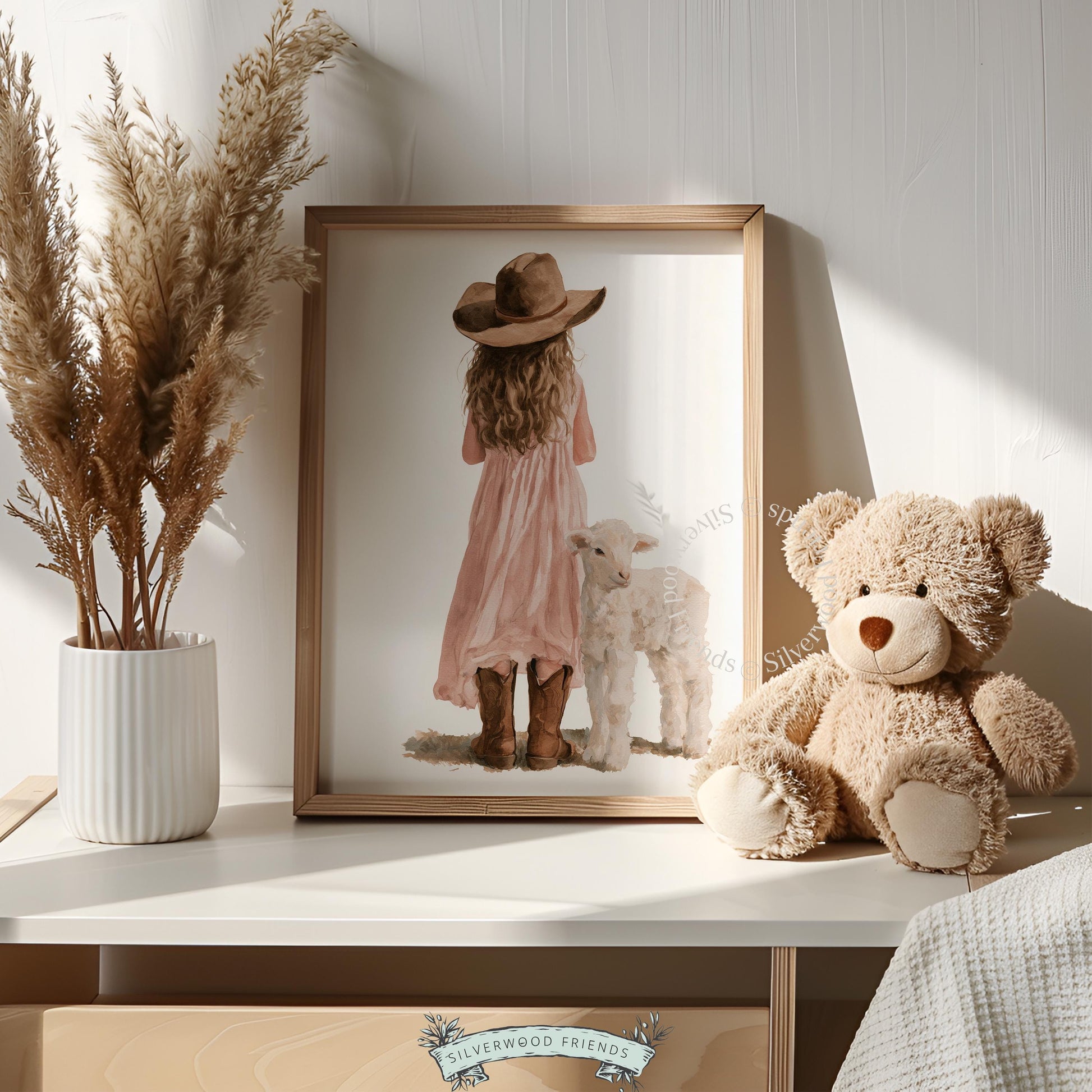 Child with sheep digital download poster for nursery — gentle pastoral illustration in soft neutral palette