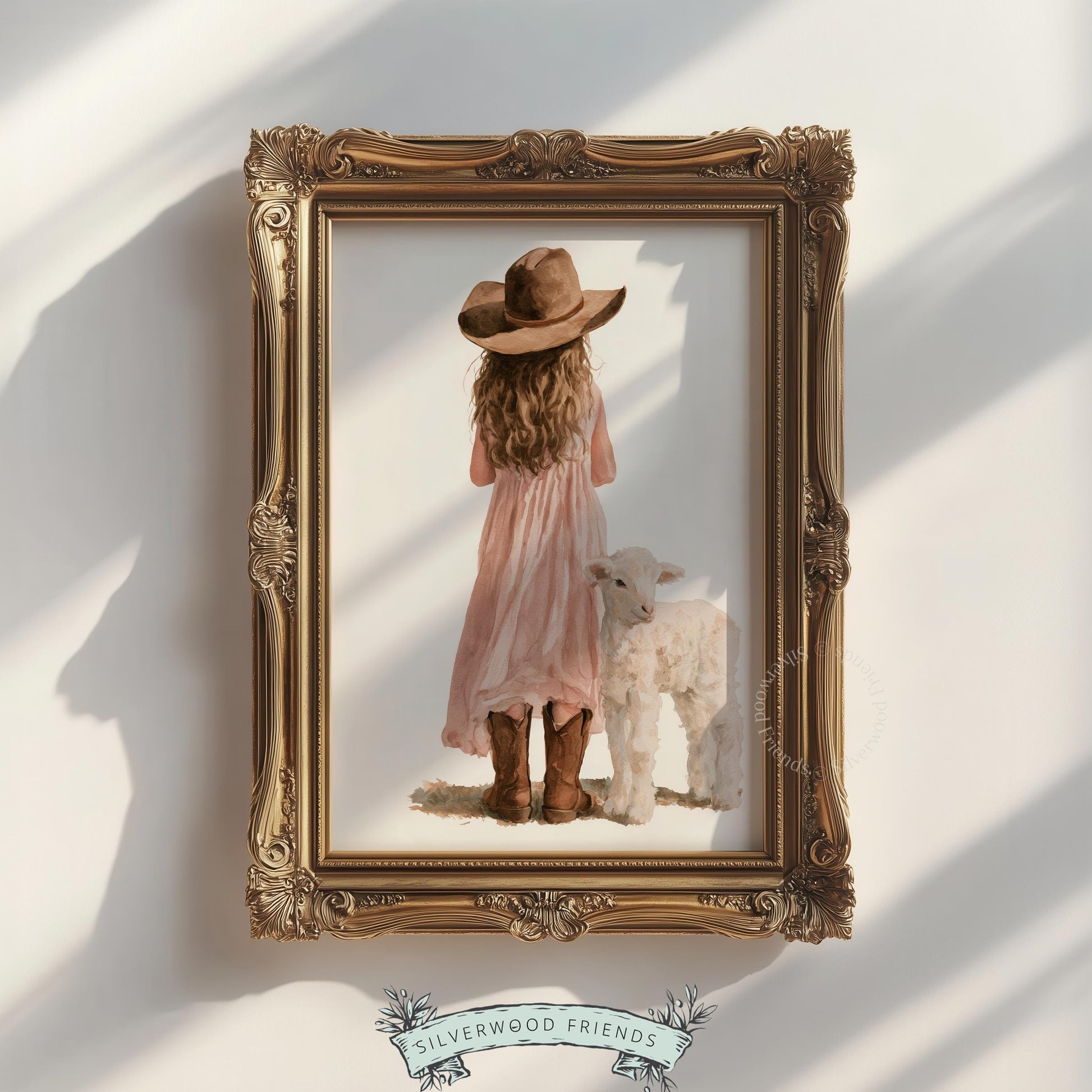 Little girl with lamb farmhouse digital print for kids room — gentle pastoral artwork with warm neutral colors