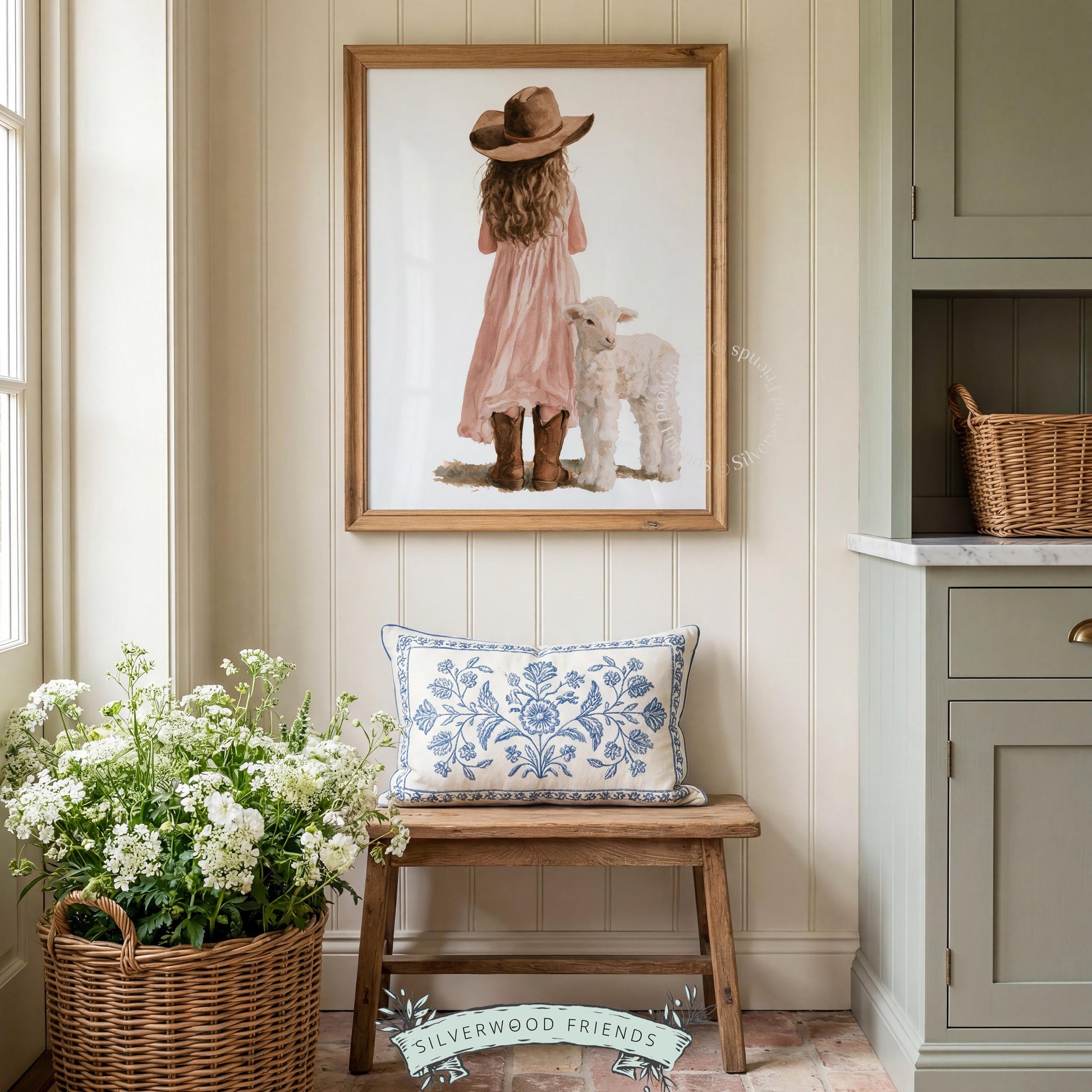 Cowgirl with baby sheep wall art for kids nursery — soft watercolor farmhouse picture in warm tones
