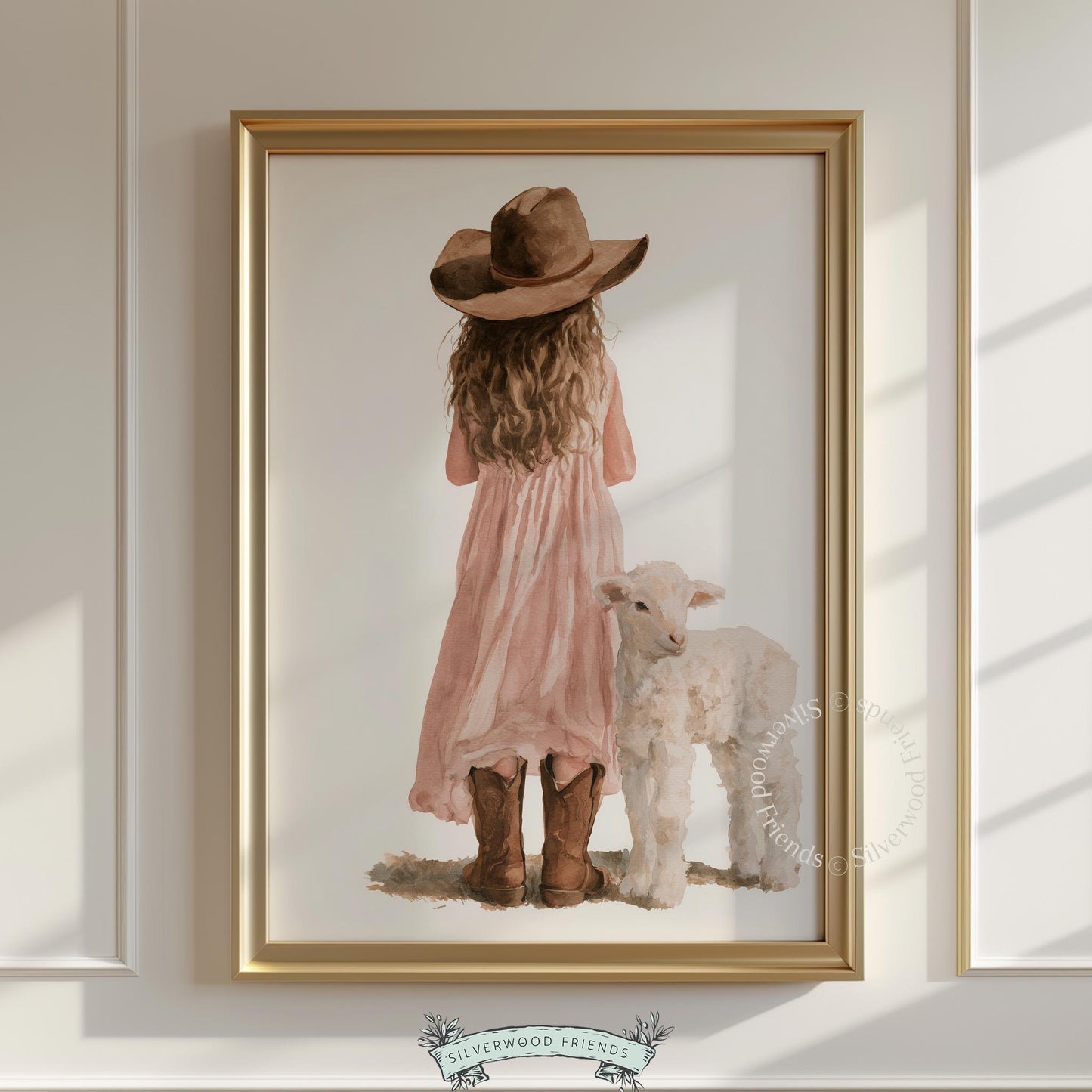 Young girl and baby sheep printable poster — adorable farm-inspired wall art for nursery in soft tones