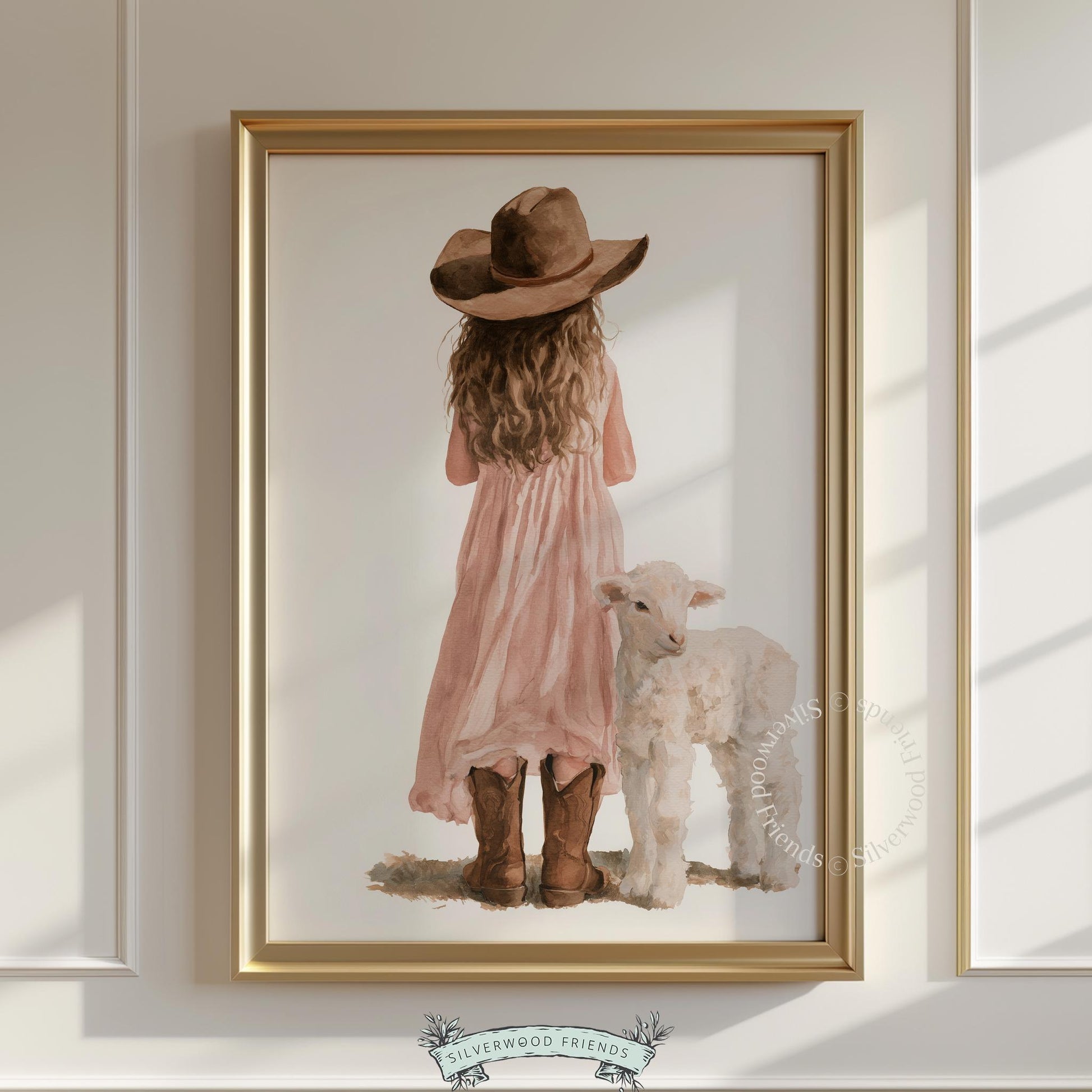 Young girl and baby sheep printable poster — adorable farm-inspired wall art for nursery in soft tones
