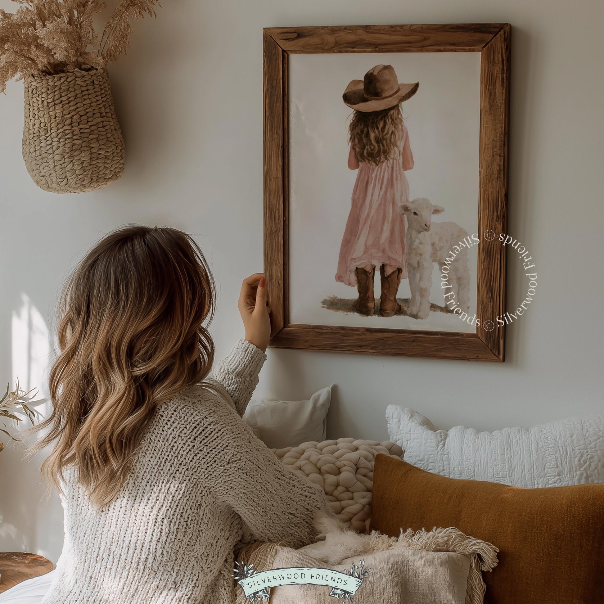 Child in pink dress with lamb wall decor for kids room — gentle pastoral scene in soft painterly style