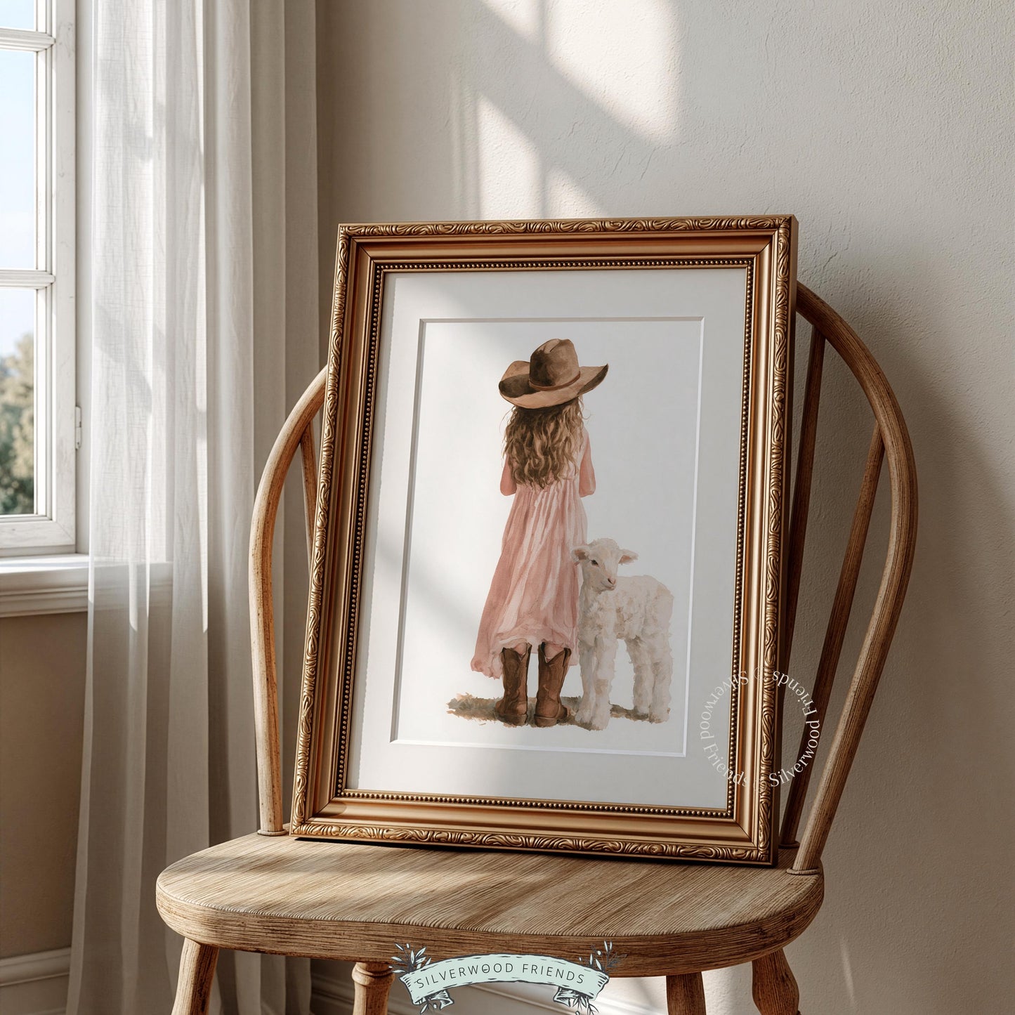 Girl wearing cowboy hat and lamb instant download print — adorable farmhouse nursery art in watercolor