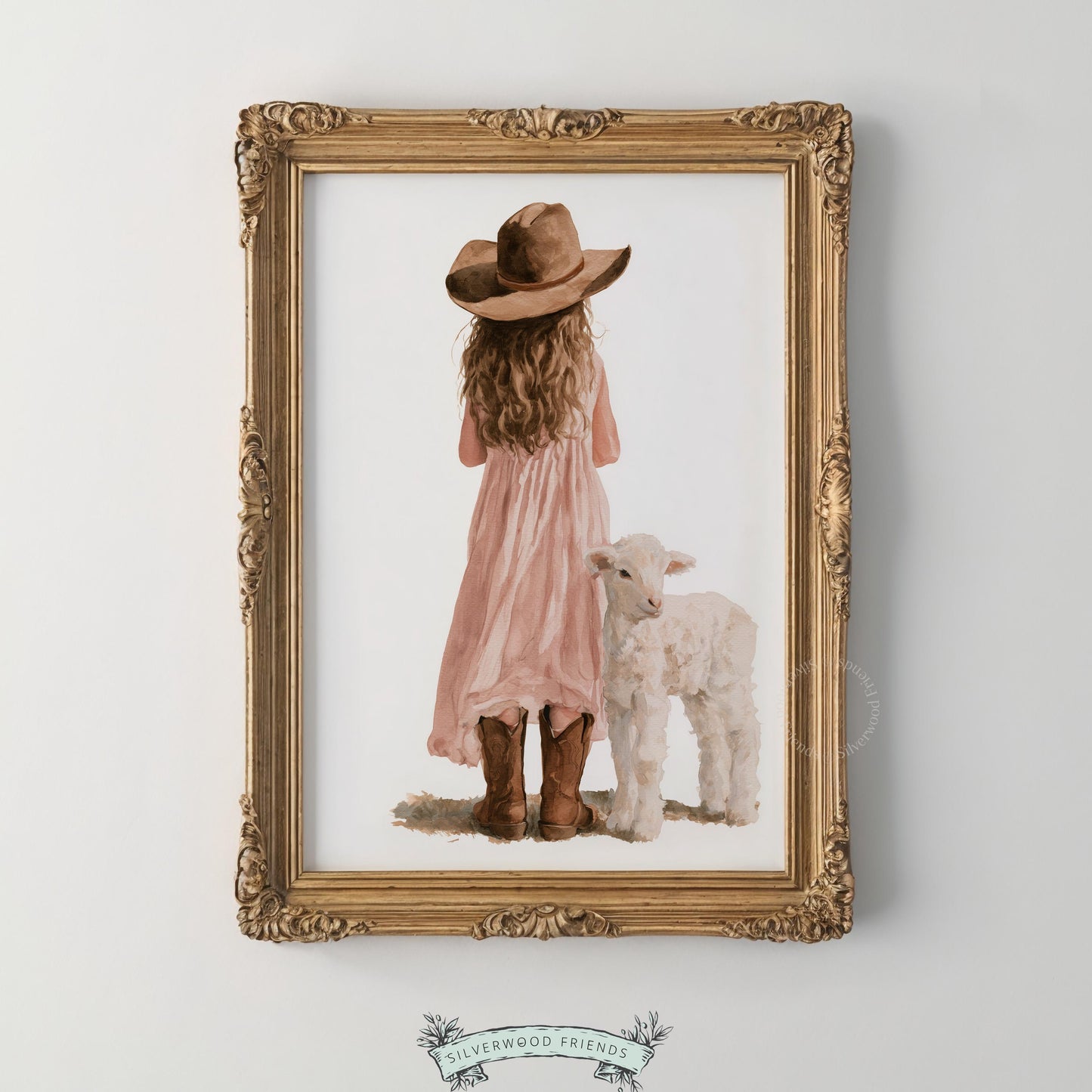 Girl and lamb canvas-style print for toddler room — charming country artwork with delicate brushwork