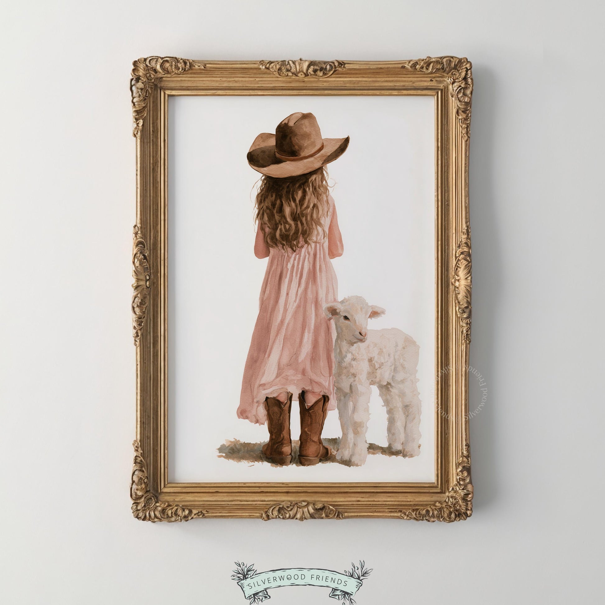 Girl and lamb canvas-style print for toddler room — charming country artwork with delicate brushwork