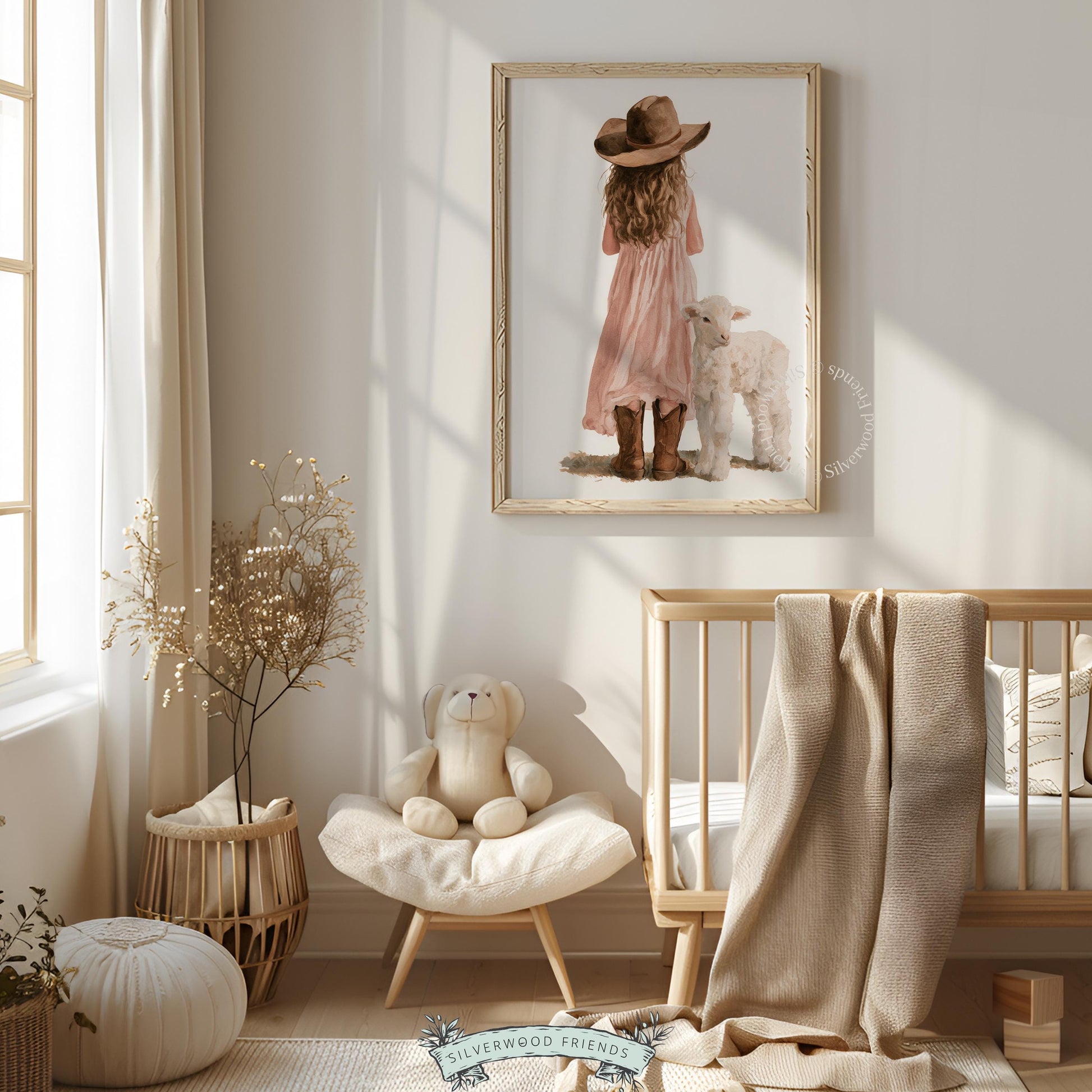Girl in wide-brim hat with lamb digital art for baby room — sweet farmhouse scene in soft watercolor