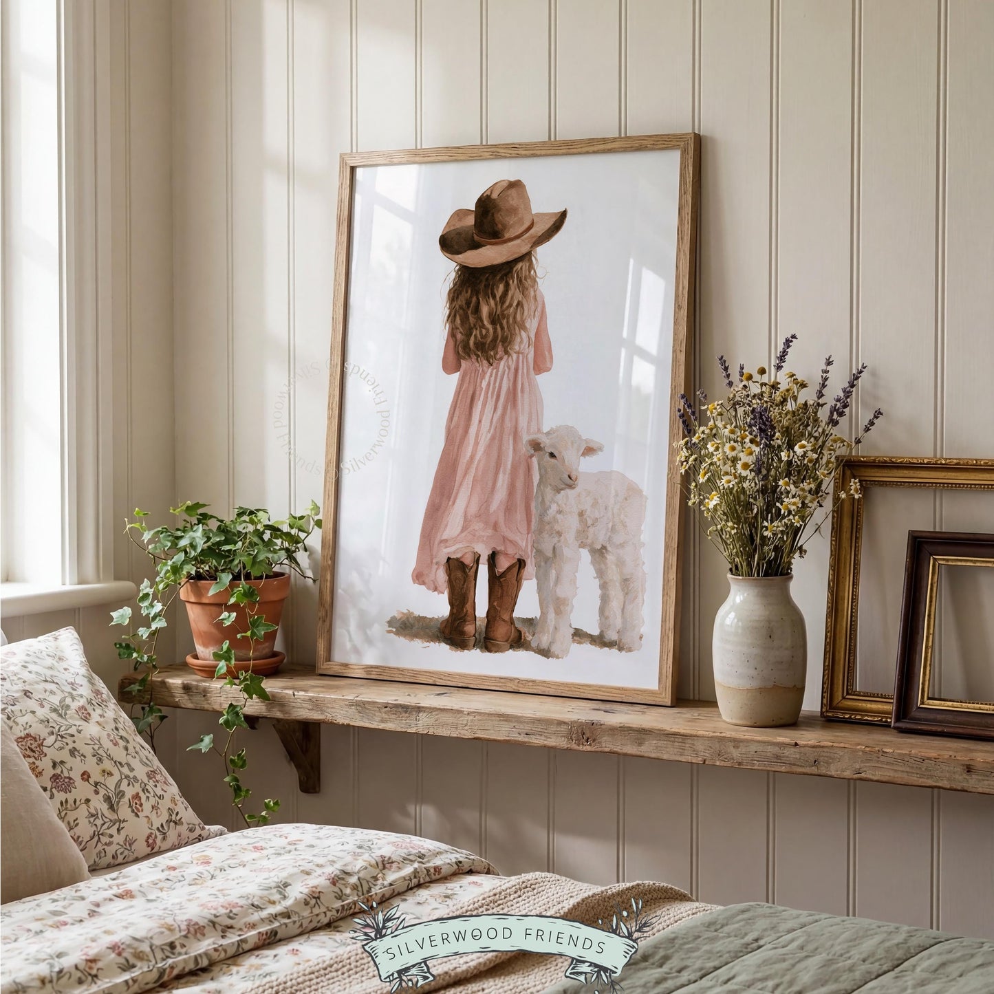 Young girl with lamb printable art for nursery — soft watercolor farmhouse style with pink dress and cowboy boots