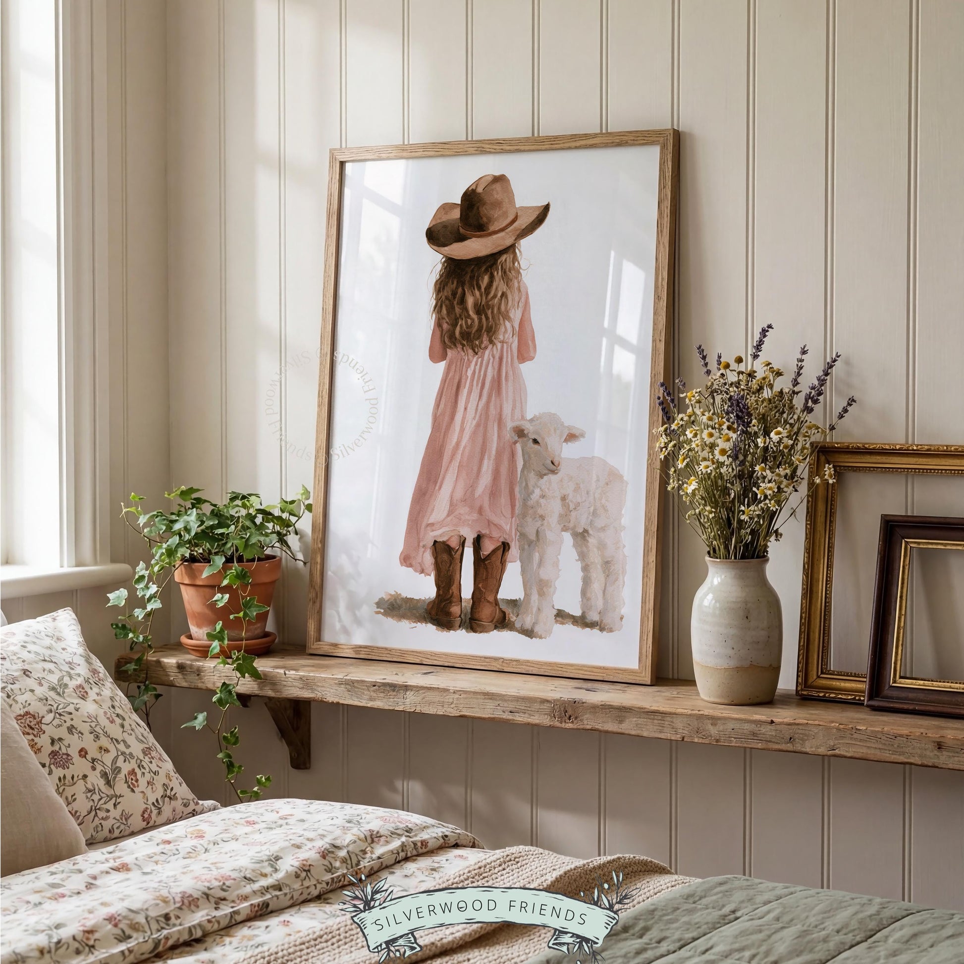 Young girl with lamb printable art for nursery — soft watercolor farmhouse style with pink dress and cowboy boots
