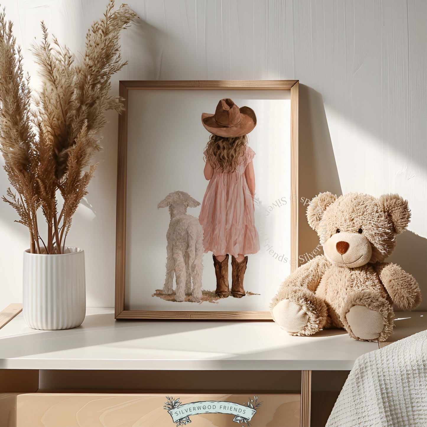 Blush pink dress girl beside fluffy sheep wall art for nursery — soft farmhouse-style children's bedroom décor