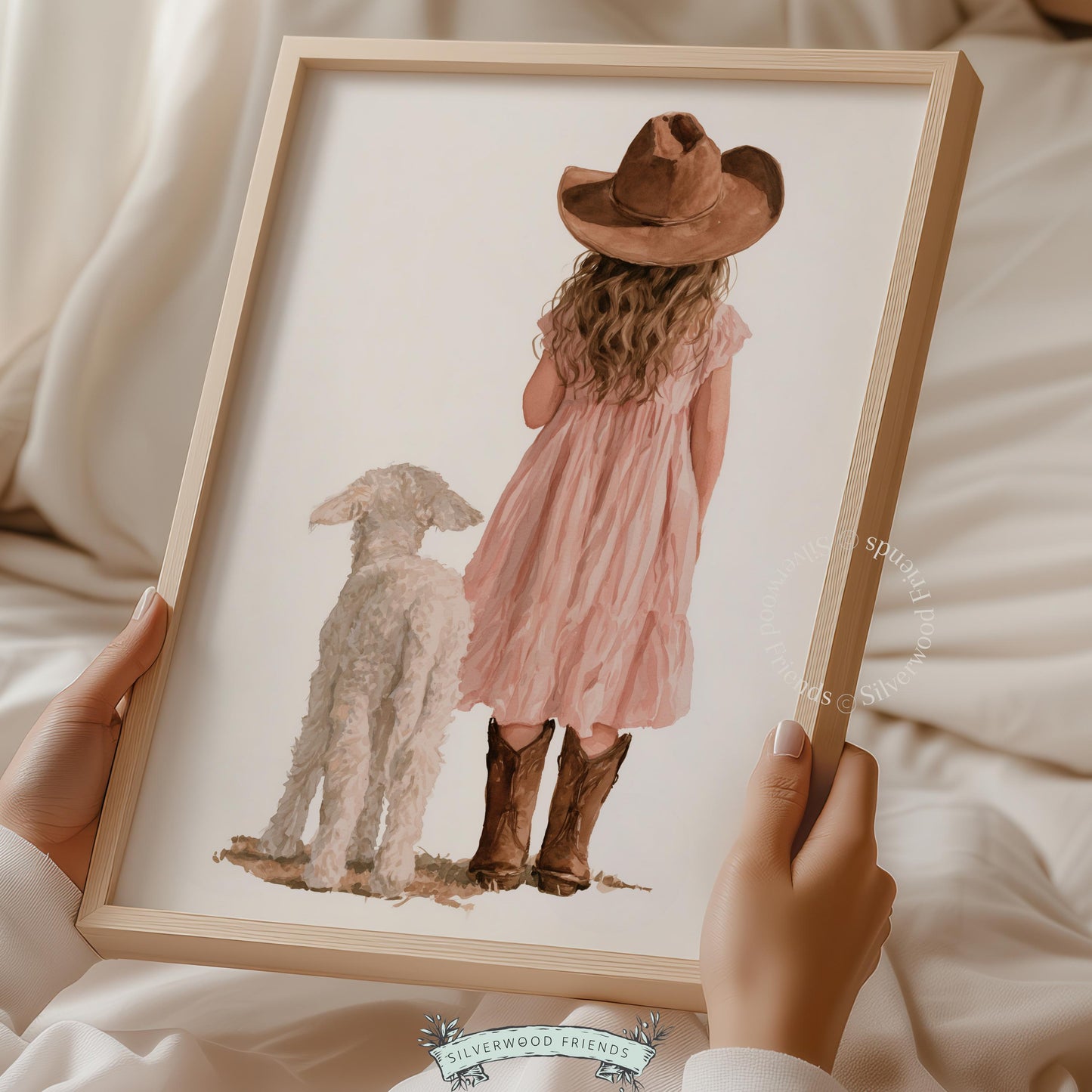 Cowboy hat toddler and white lamb poster for kids room — sweet watercolor illustration with countryside aesthetic