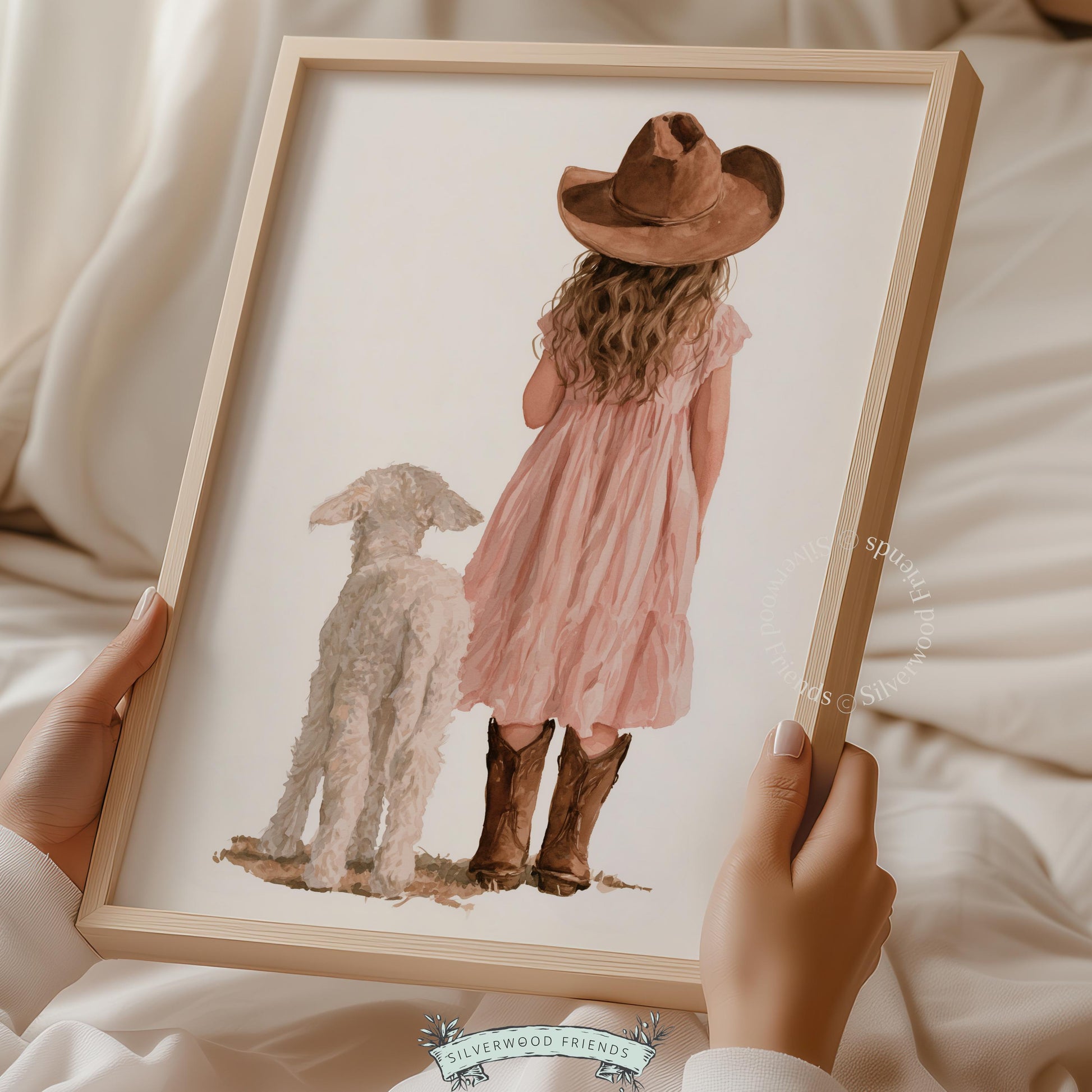Cowboy hat toddler and white lamb poster for kids room — sweet watercolor illustration with countryside aesthetic