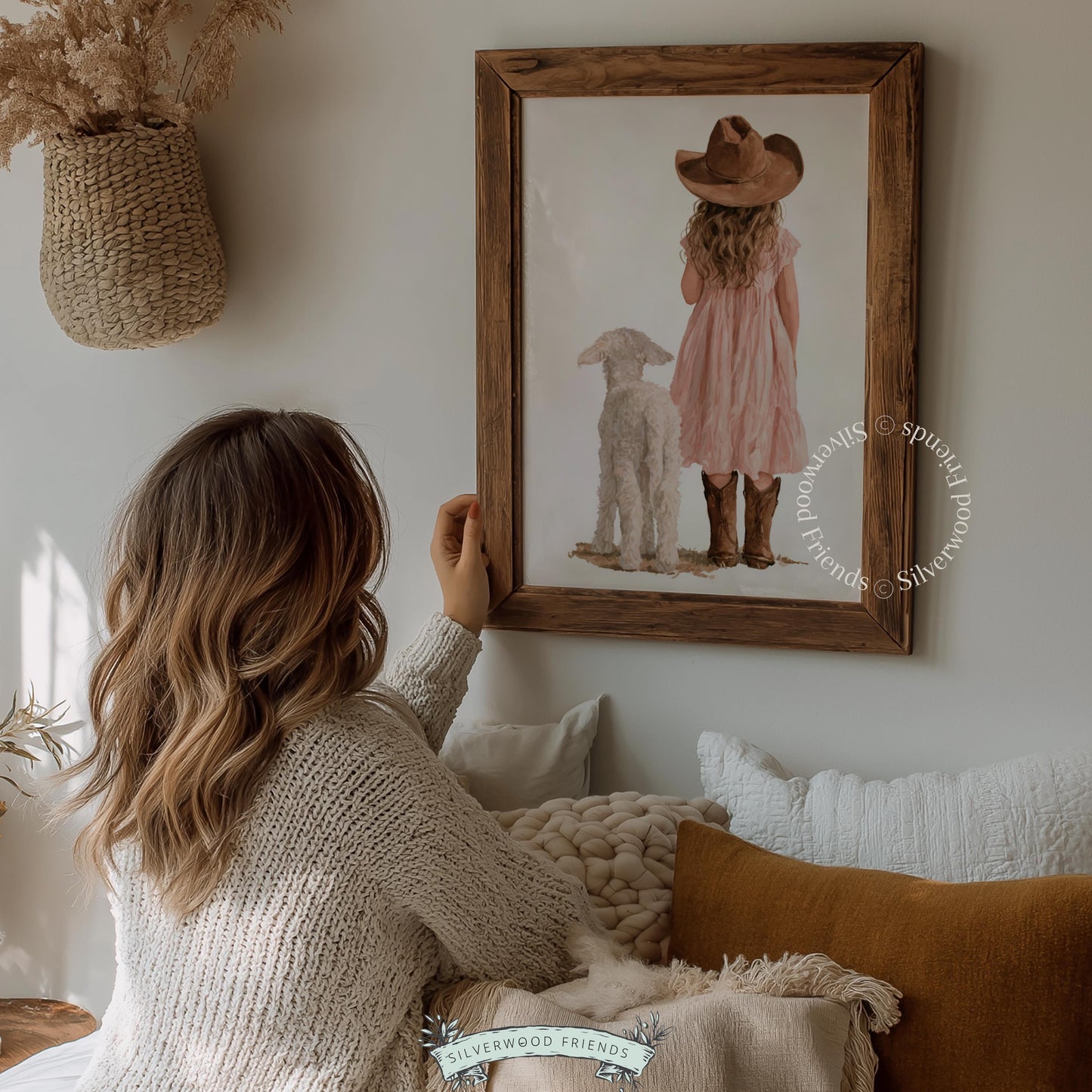 Young child in boots with fluffy lamb digital artwork for nursery — soft watercolor illustration in cozy cottage aesthetic