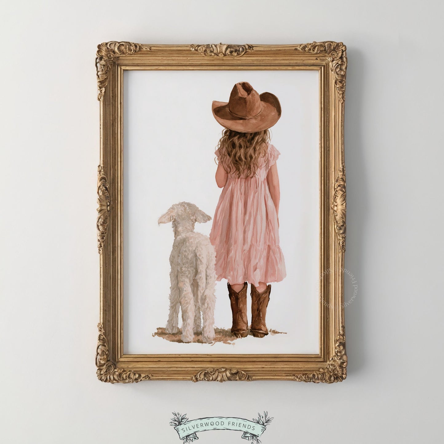Western-themed child with lamb picture for playroom — delicate watercolor artwork in soft earthy colors