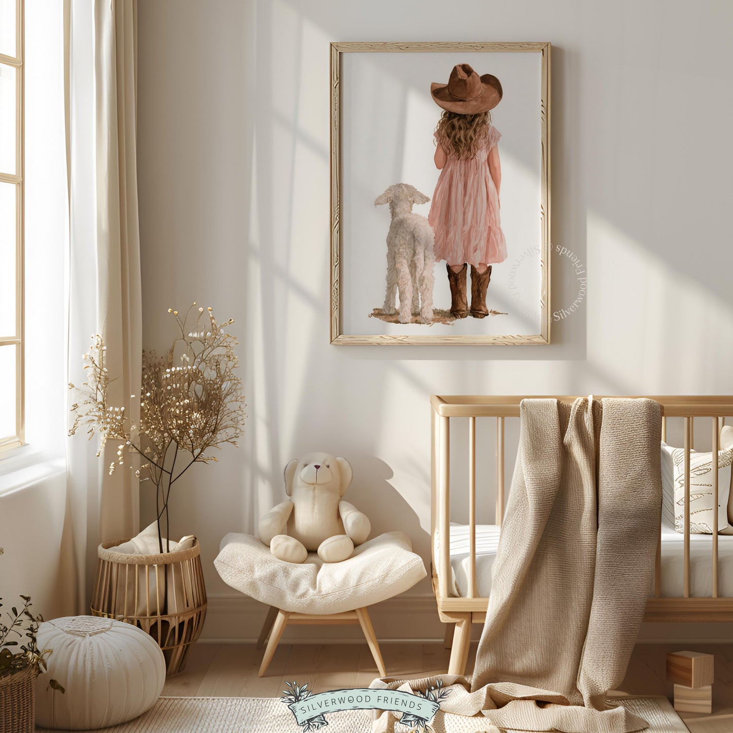 Little cowgirl and lamb printable art for nursery — soft watercolor painting with rustic farmhouse charm