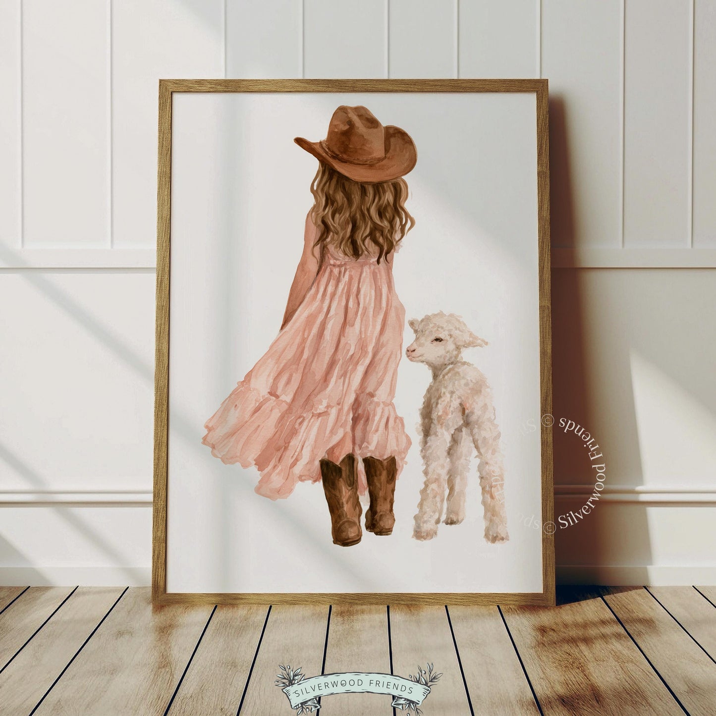 Charming farmyard illustration wall art for toddler room — girl meeting fluffy lamb in soft watercolor palette