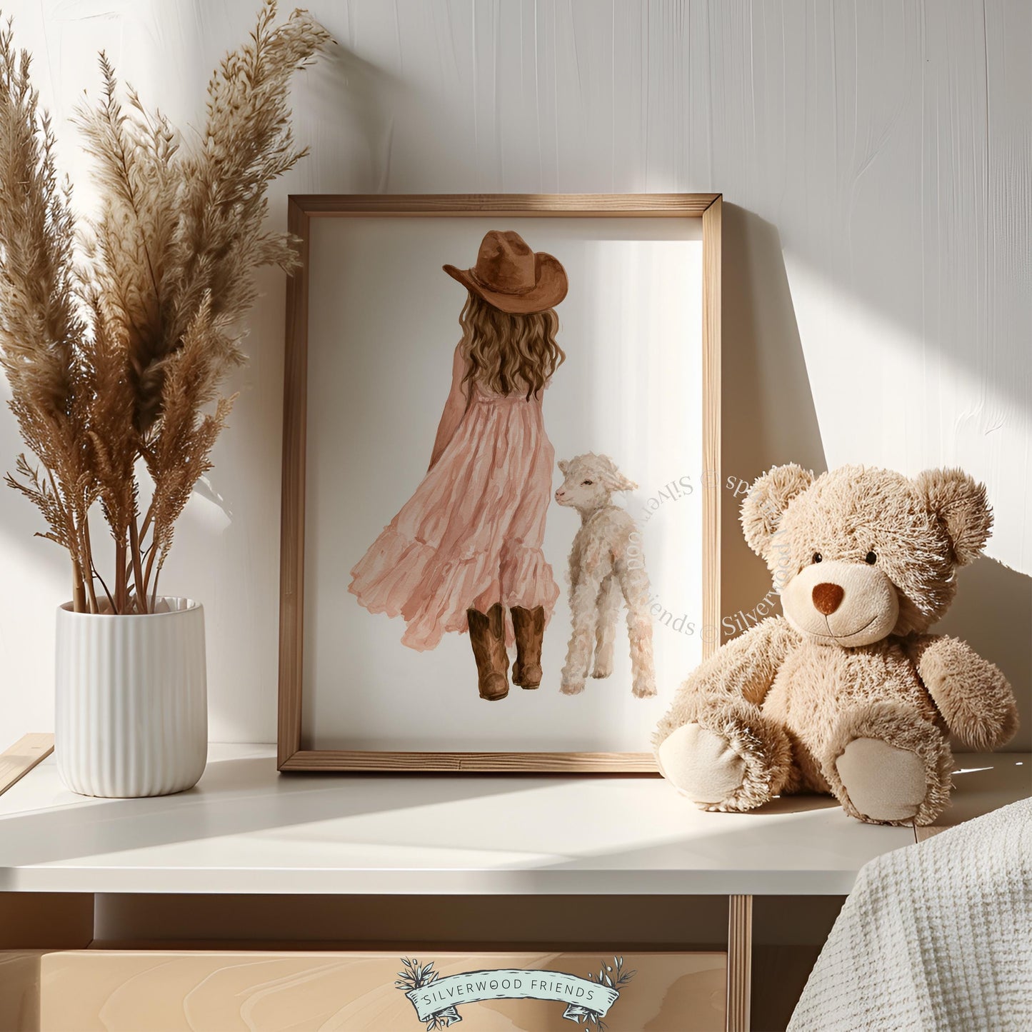 Farmhouse crib decor featuring young rancher and lamb — serene countryside illustration in neutral earth tones