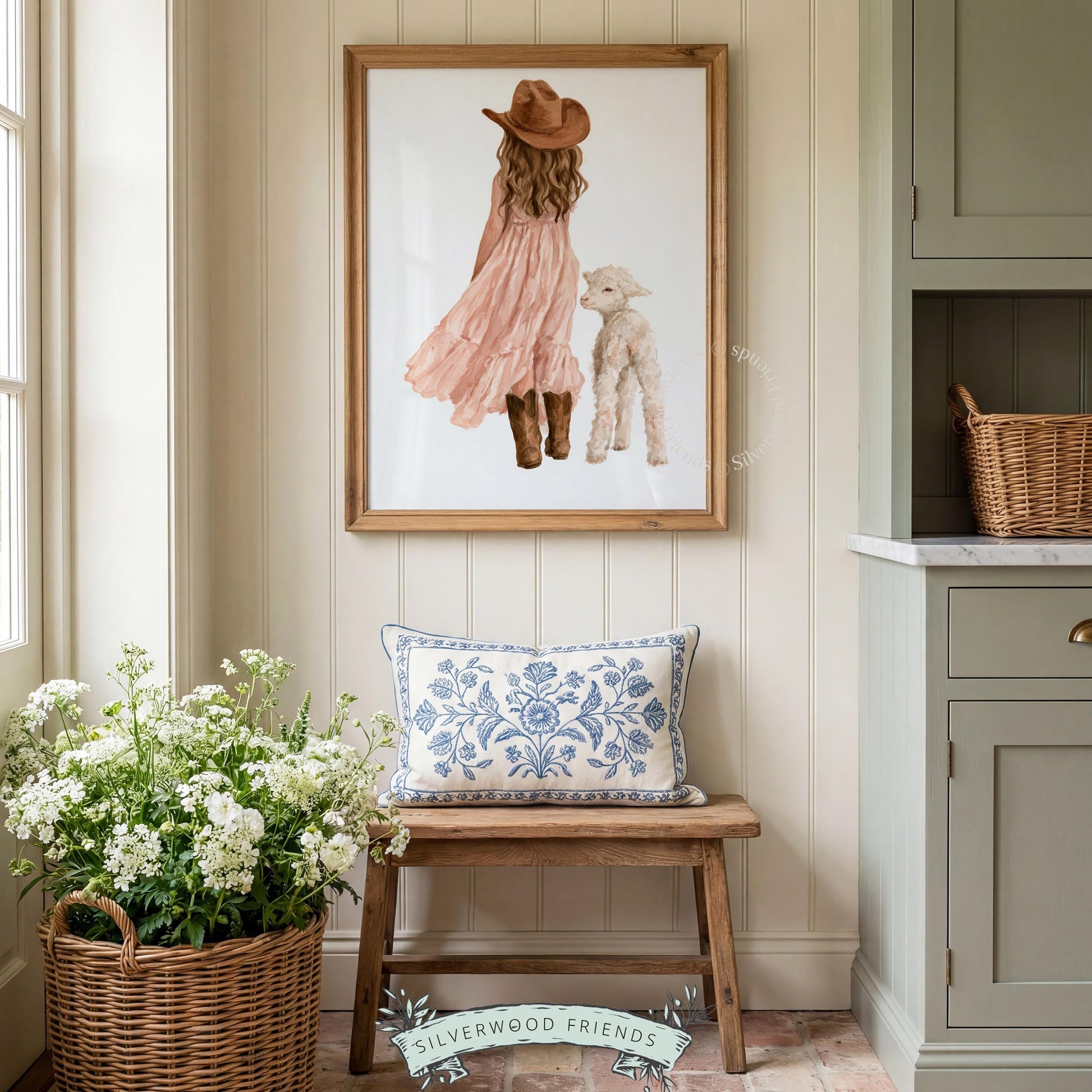 Cowgirl toddler room picture featuring adorable lamb companion — soft blush pink and earthy brown tones