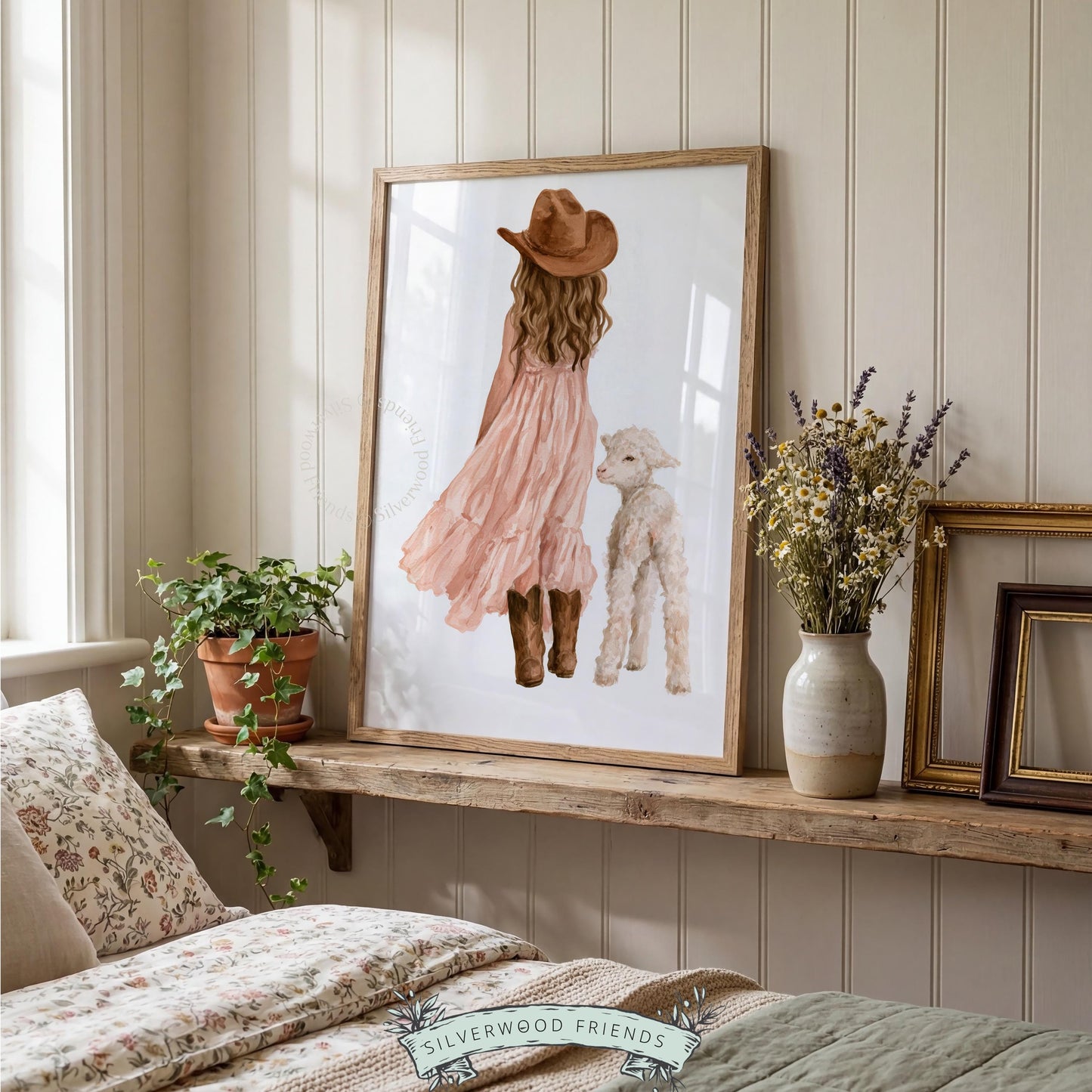 Sweet farm girl with fluffy lamb poster for child's bedroom — cozy countryside scene in warm neutral hues