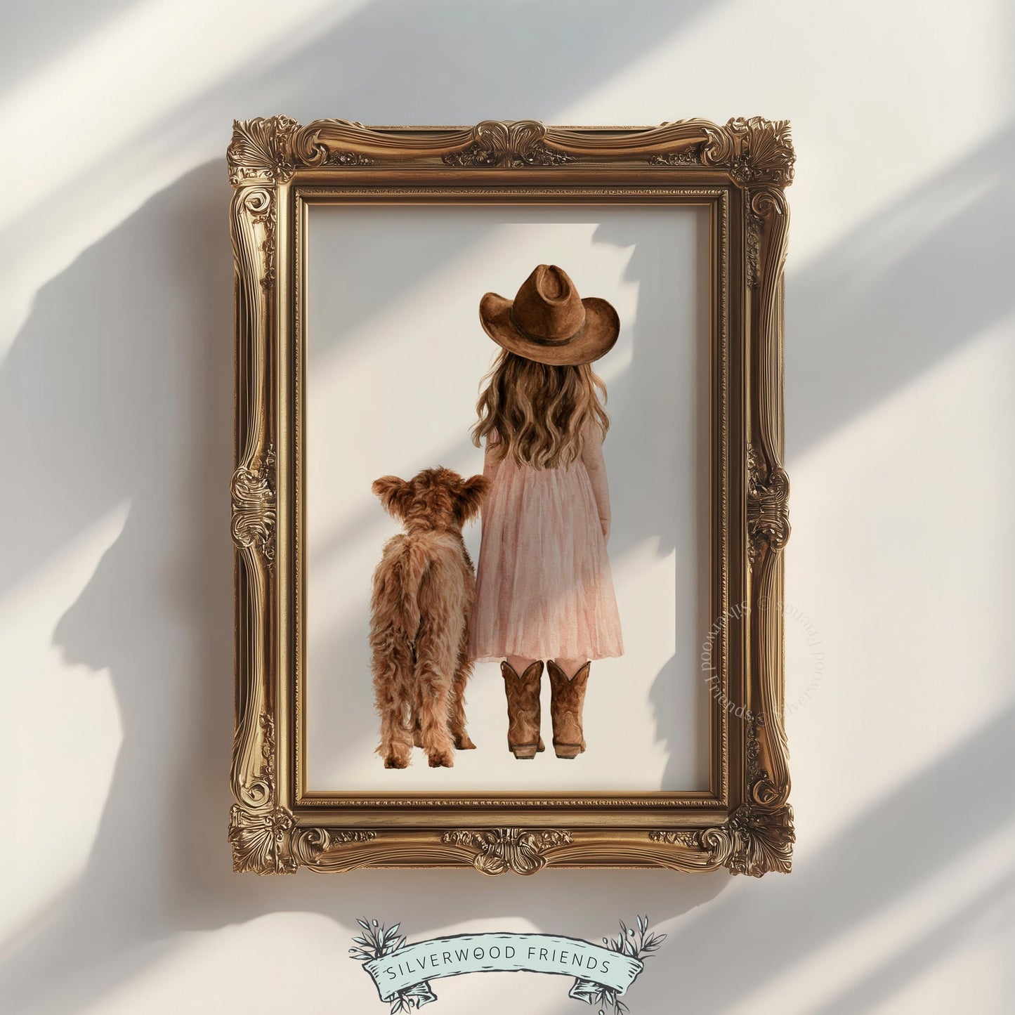 Girl wearing cowboy hat and boots with calf gallery wall print for kids — rustic farmhouse nursery picture