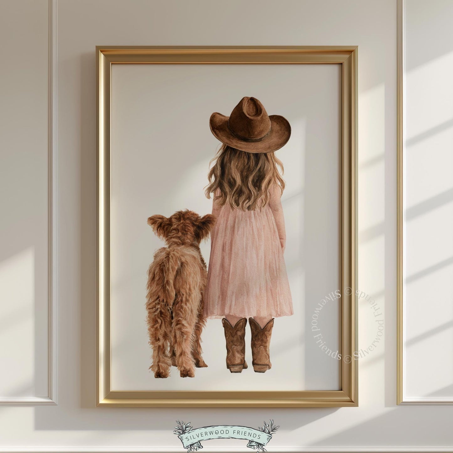Cowgirl standing beside highland calf digital print for nursery — gentle rustic artwork in warm earth tones