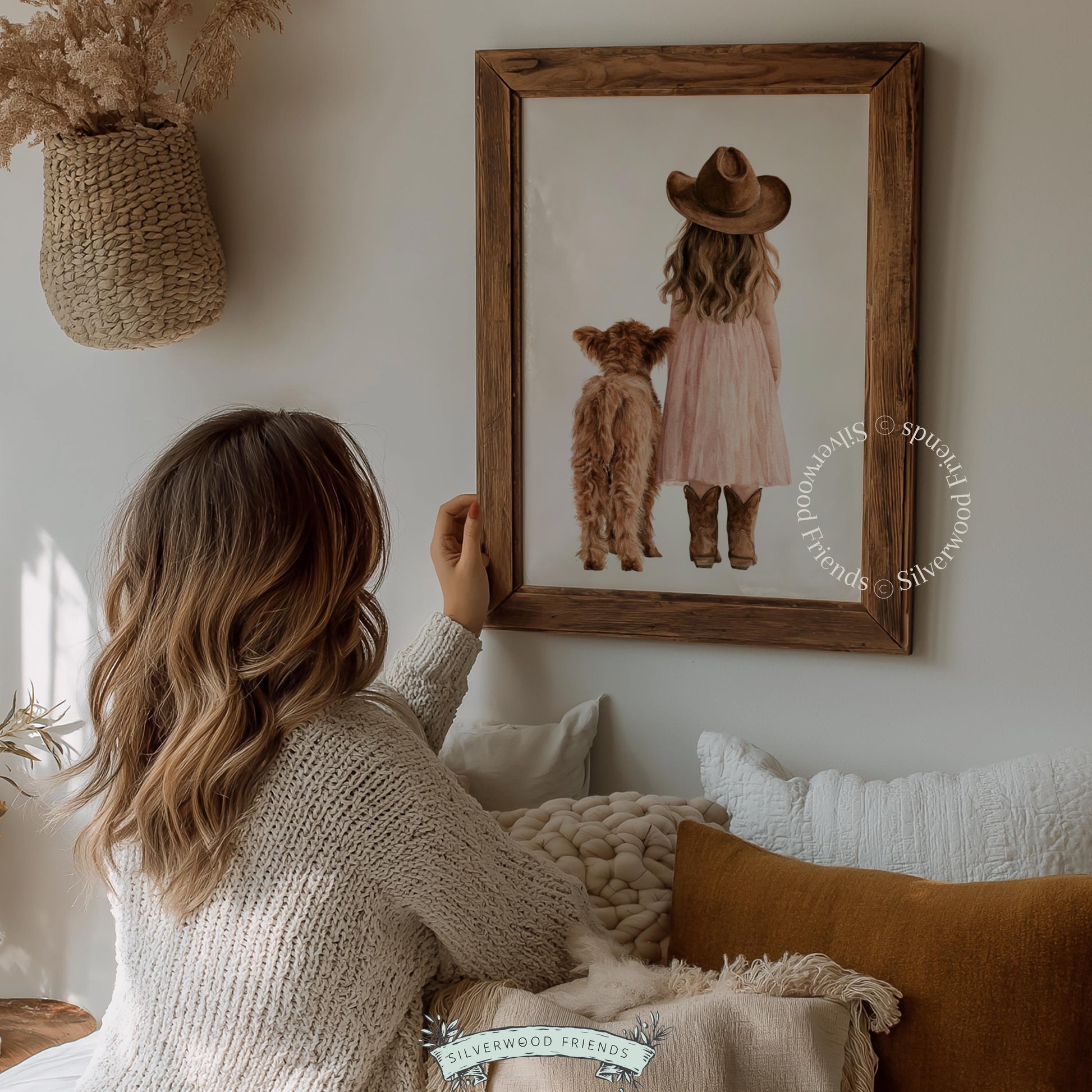Girl and fluffy brown calf picture for playroom — soft watercolor with pink dress and cowboy boots