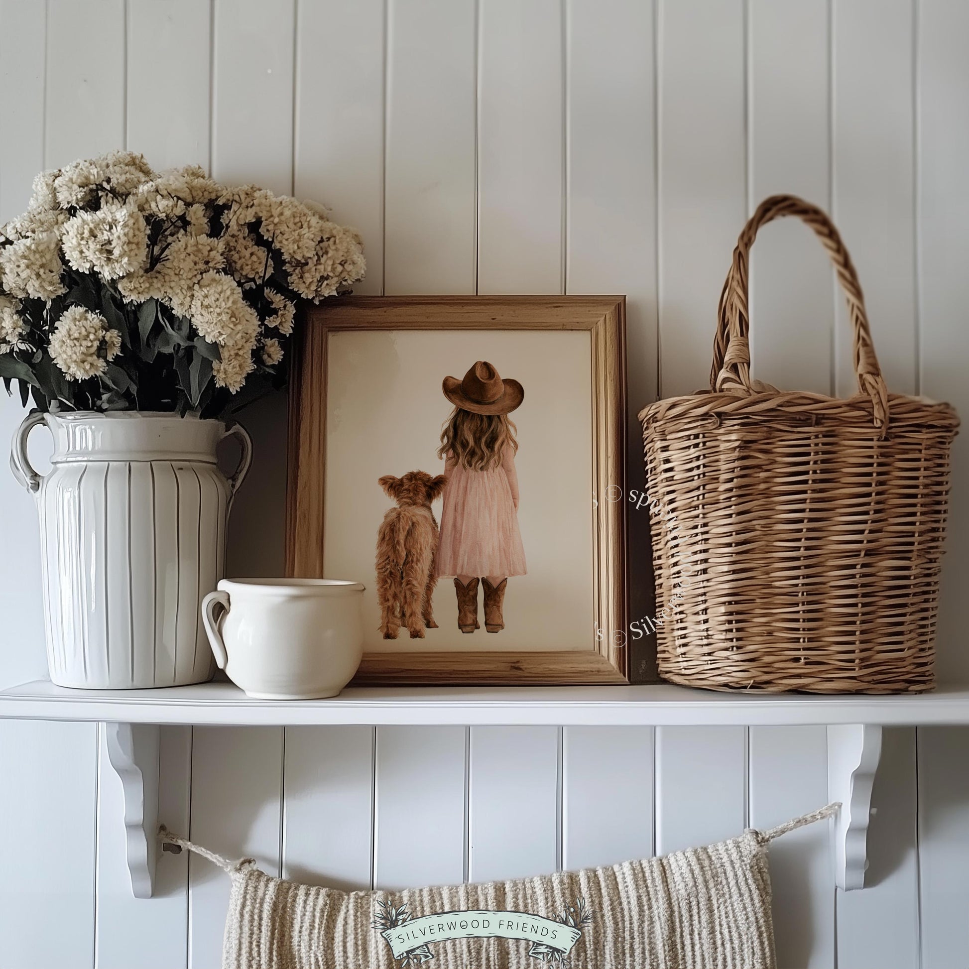 Brown highland cow calf with girl poster for kids' room — dusty pink and cream watercolor farmhouse style