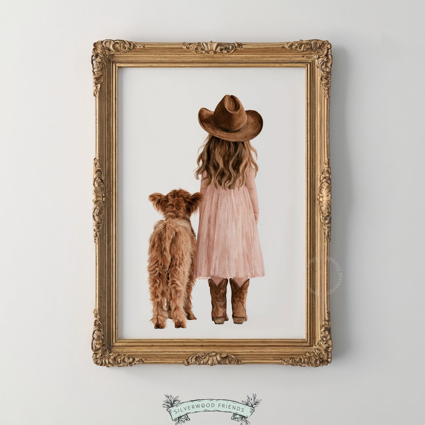 Little girl in pink tulle with highland calf artwork for nursery — gentle country illustration in soft neutral shades