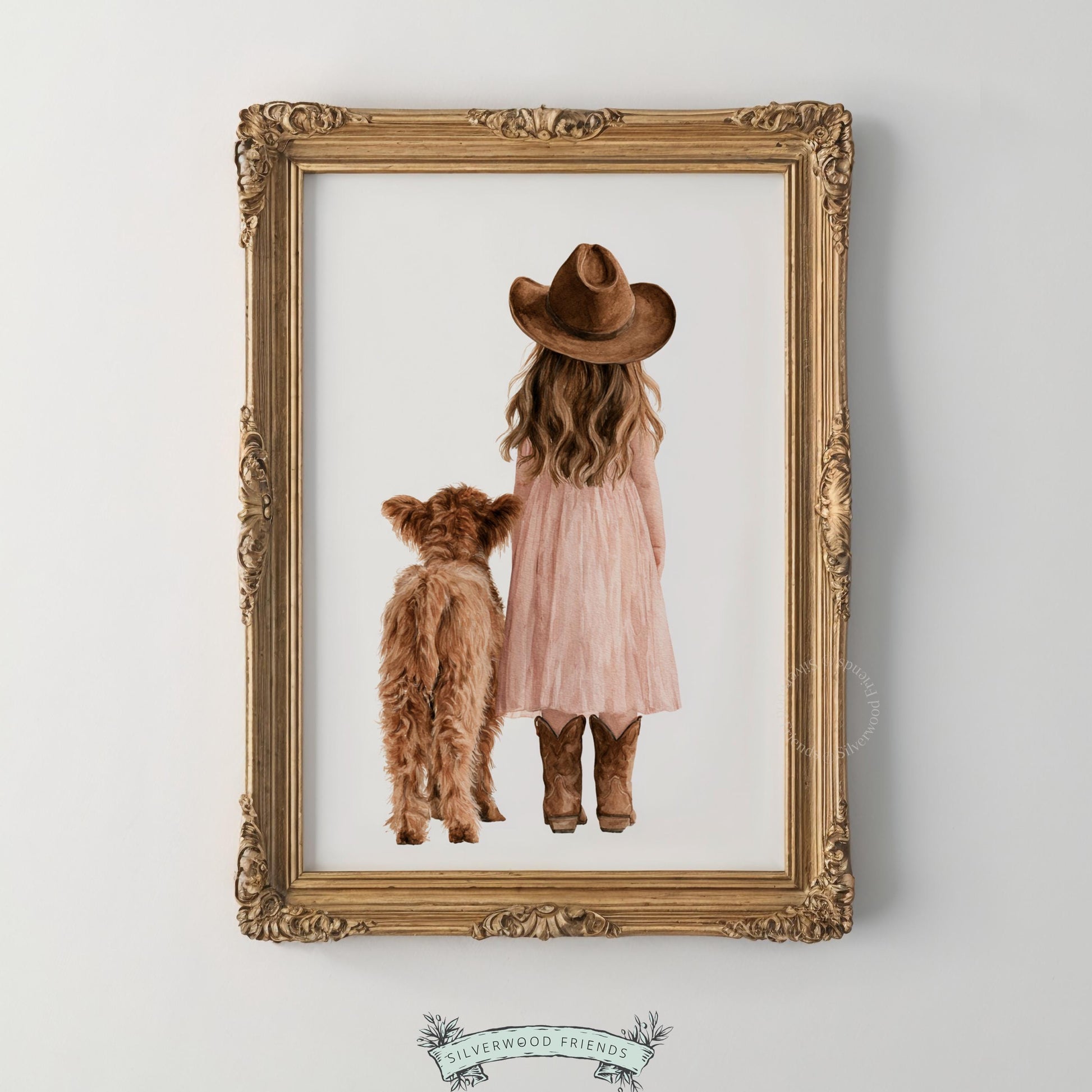 Little girl in pink tulle with highland calf artwork for nursery — gentle country illustration in soft neutral shades