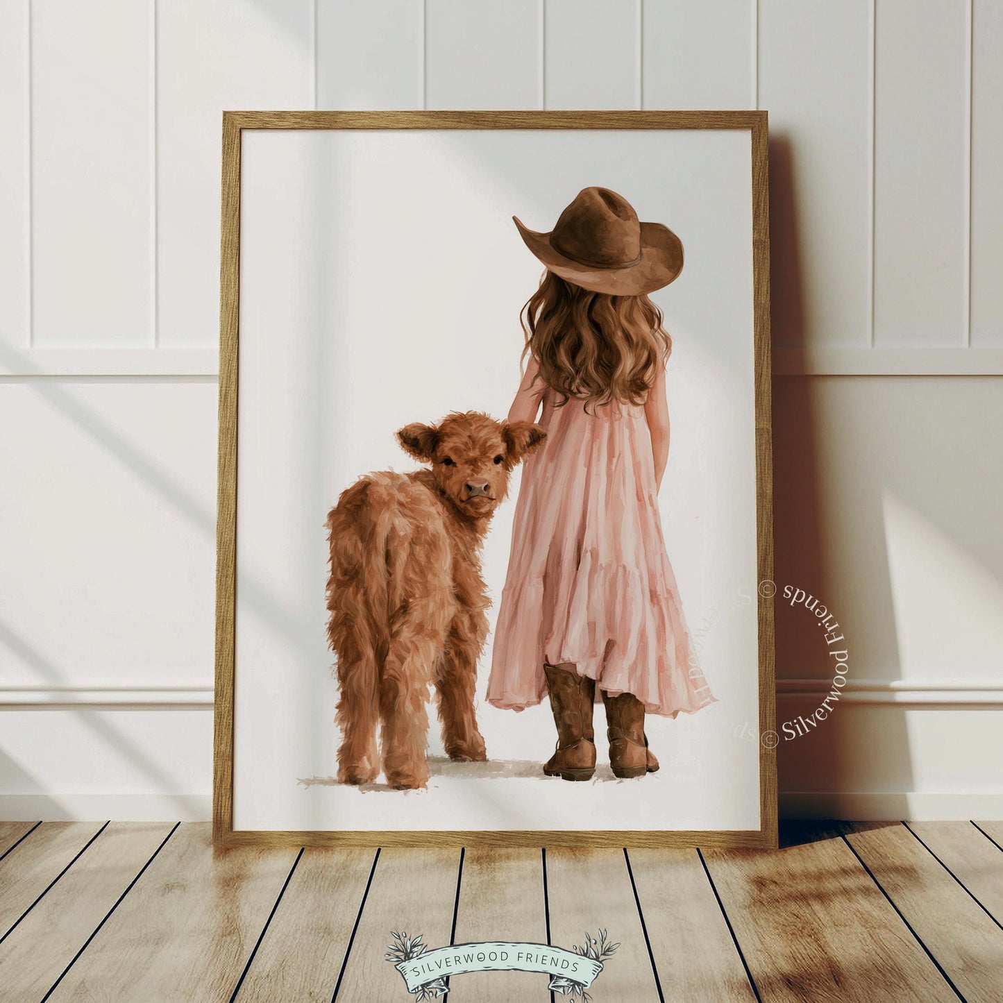 Little rancher and highland calf painting for playroom — heartwarming country-style artwork in gentle watercolor palette
