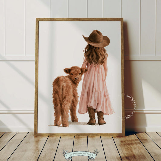 Little rancher and highland calf painting for playroom — heartwarming country-style artwork in gentle watercolor palette