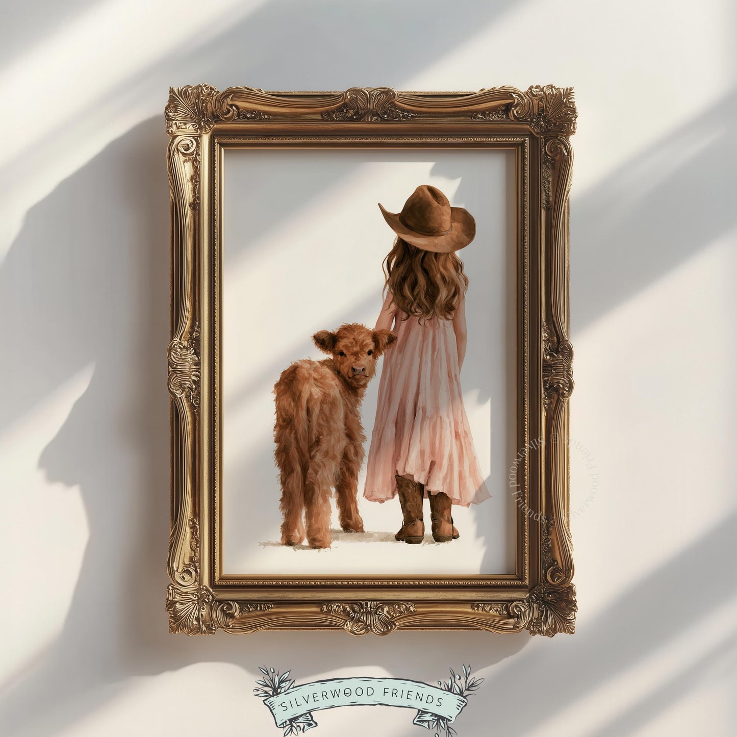 Cowgirl standing beside highland calf picture for kids bedroom — peaceful country-themed wall art with pastel accents