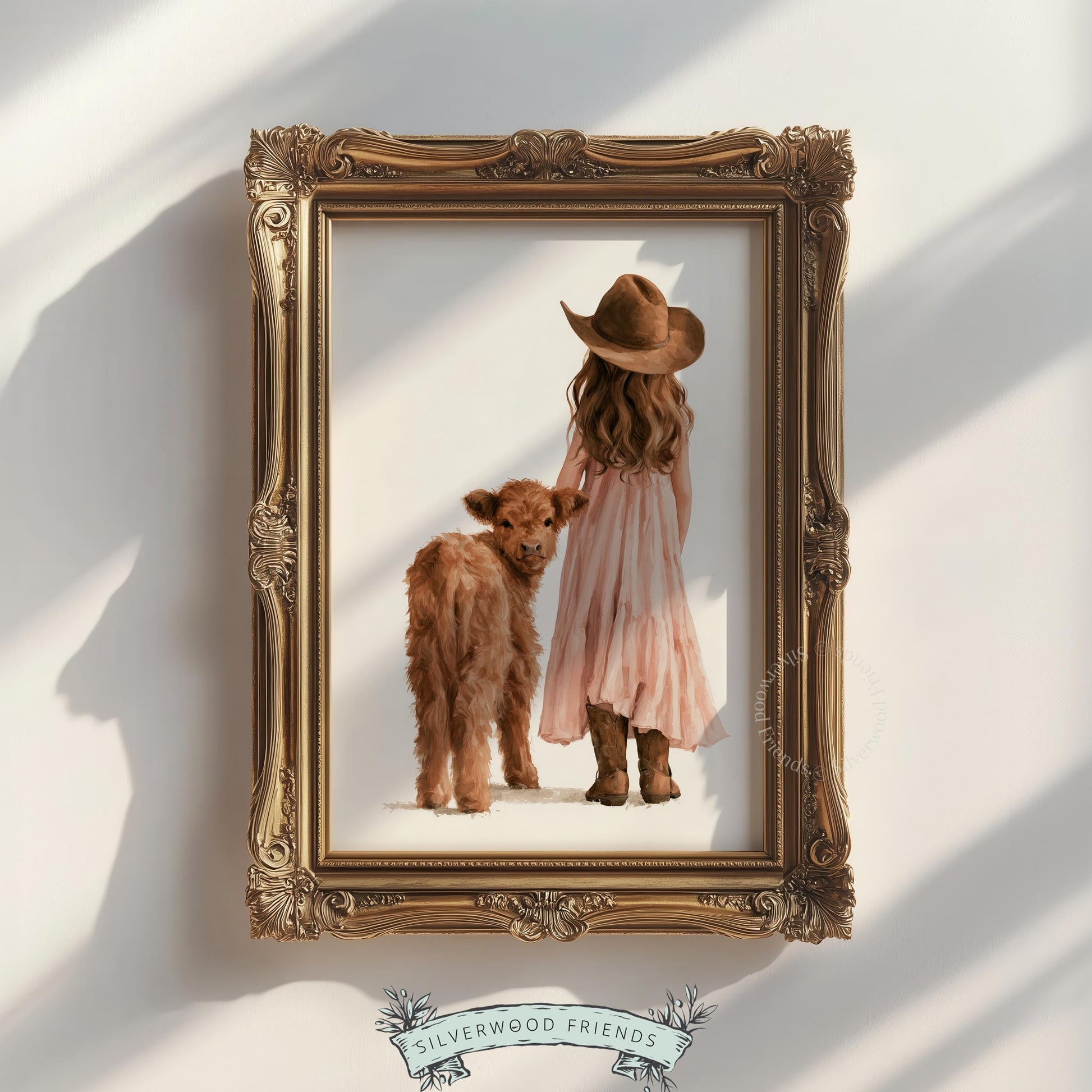Cowgirl standing beside highland calf picture for kids bedroom — peaceful country-themed wall art with pastel accents