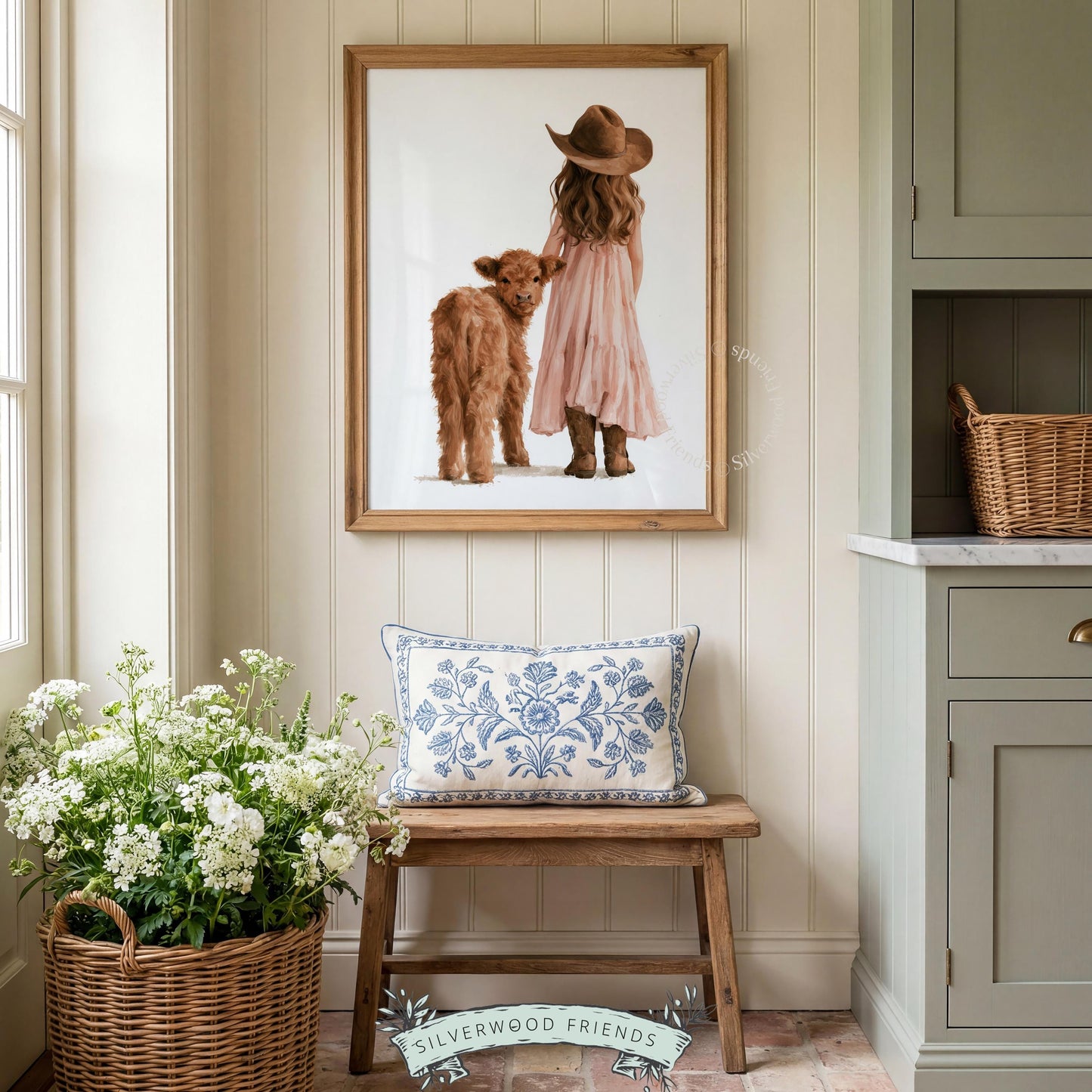 Young cowgirl beside fuzzy calf digital wall art for nursery — dreamy farmhouse scene with earthy watercolor colors