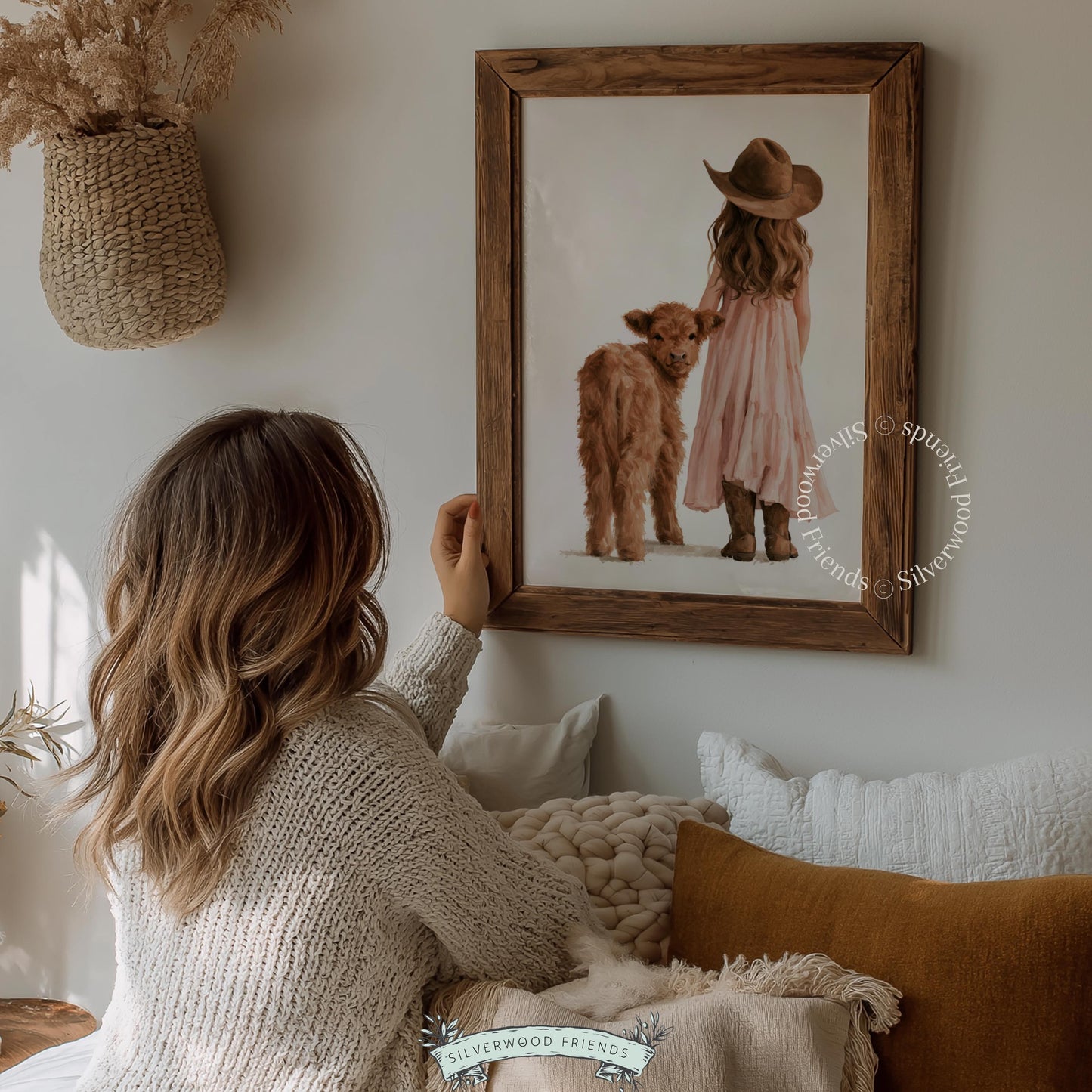 Child from behind beside fluffy brown calf poster art for nursery — peaceful pastoral watercolor with neutral warm hues