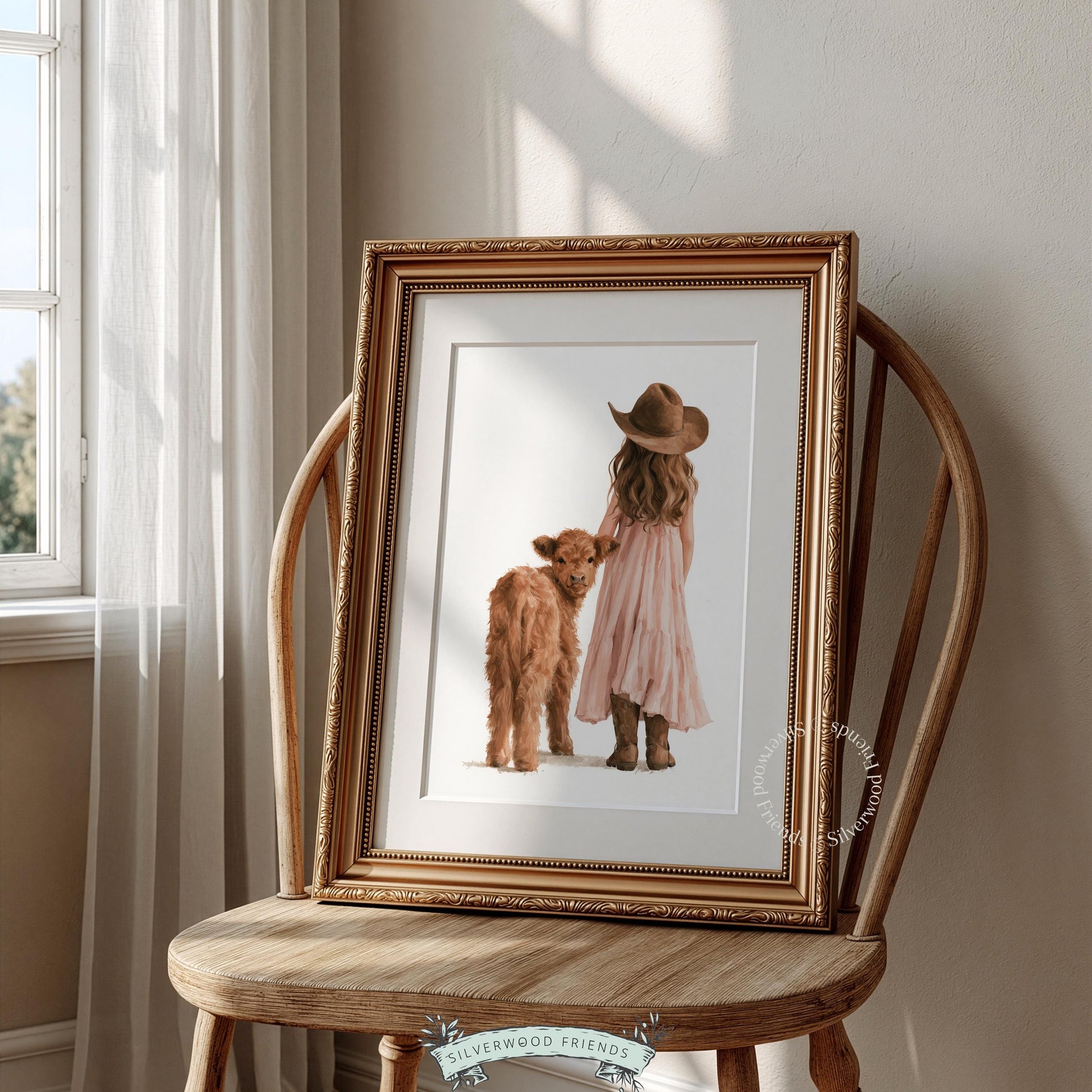 Child in oversized cowboy hat with calf printable poster for nursery — soft farmhouse scene in earthy watercolor palette