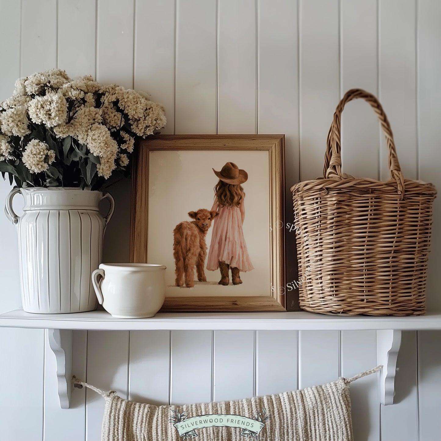 Young rancher girl with fluffy brown calf painting for playroom — whimsical farm animal art in warm watercolor style