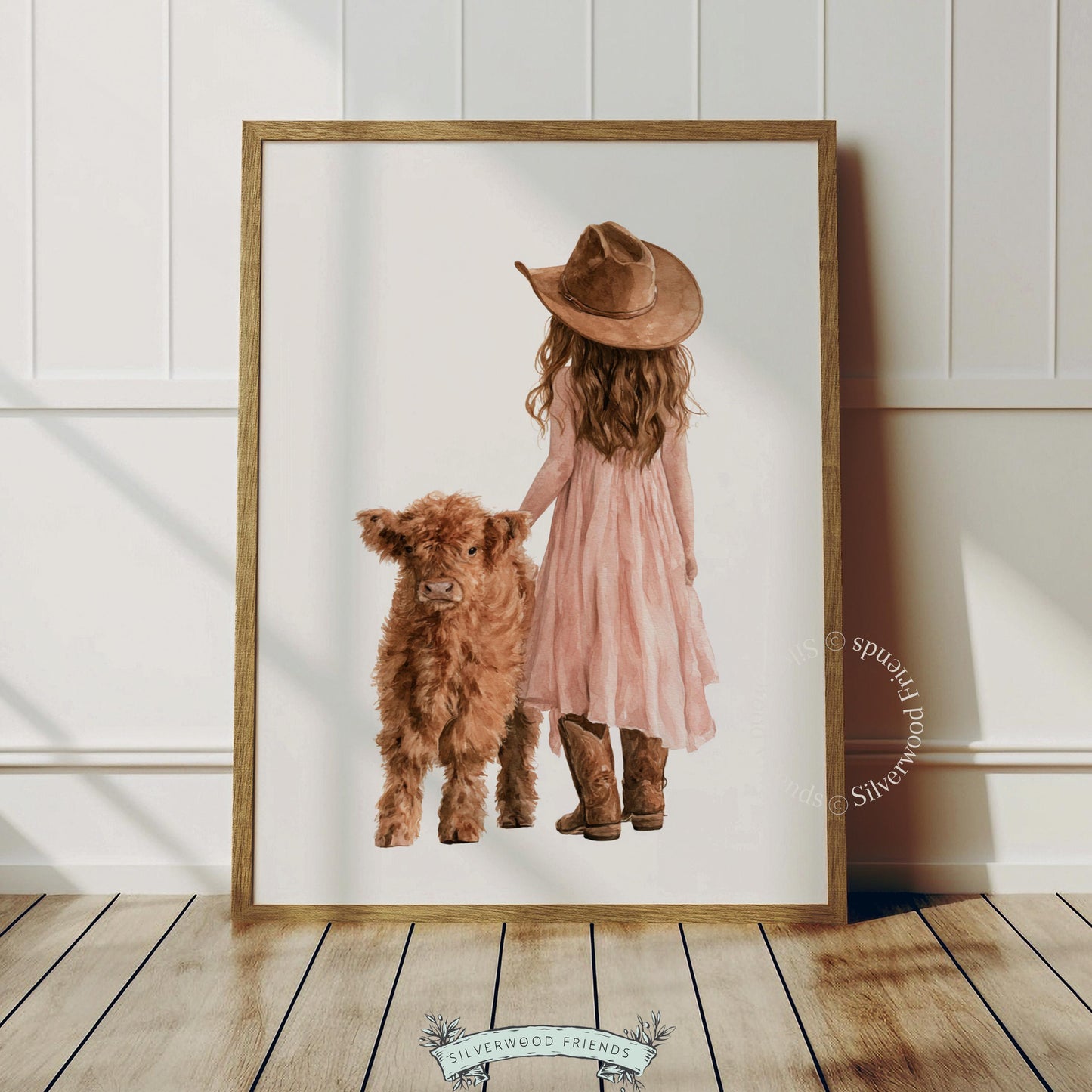 Kids country poster showing girl and baby cow from behind — cozy farmhouse watercolor style