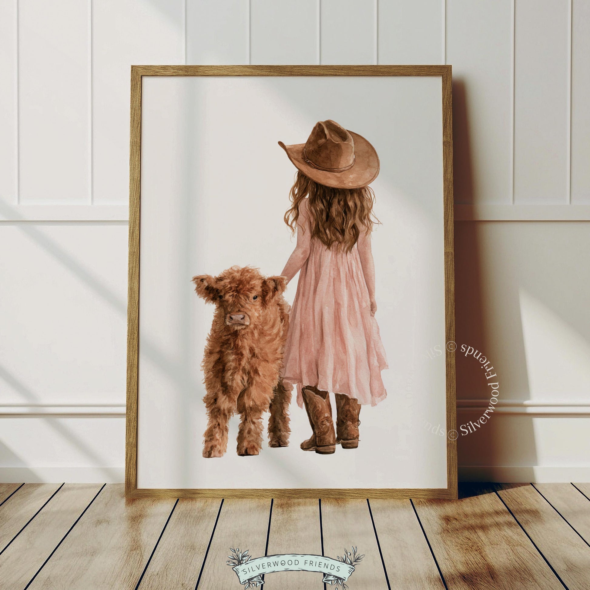 Kids country poster showing girl and baby cow from behind — cozy farmhouse watercolor style