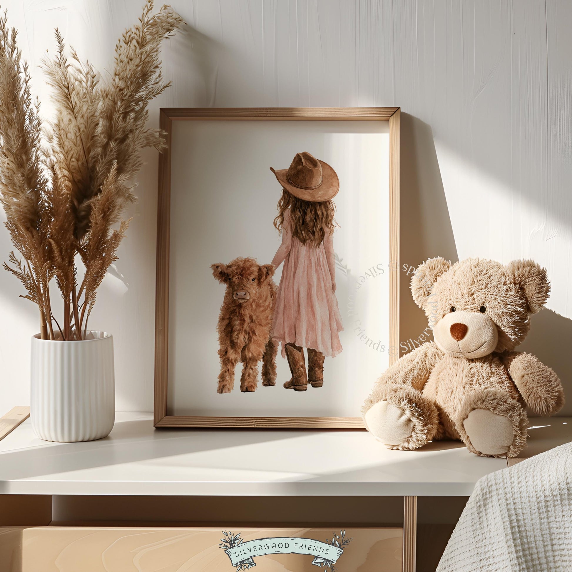 Highland baby cow and child digital print for playroom — gentle western-inspired illustration