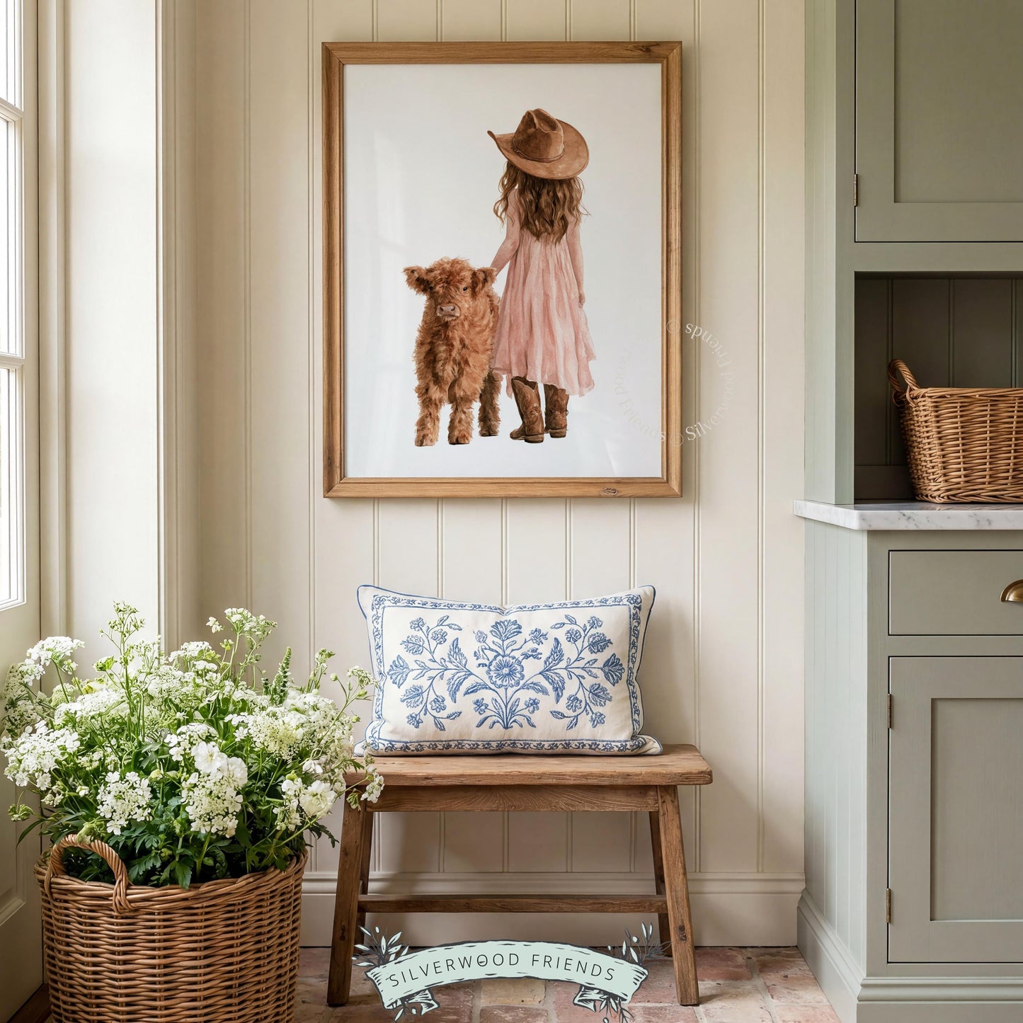 Western girl and calf gallery wall print — soft delicate brushwork in blush, rust, and cream
