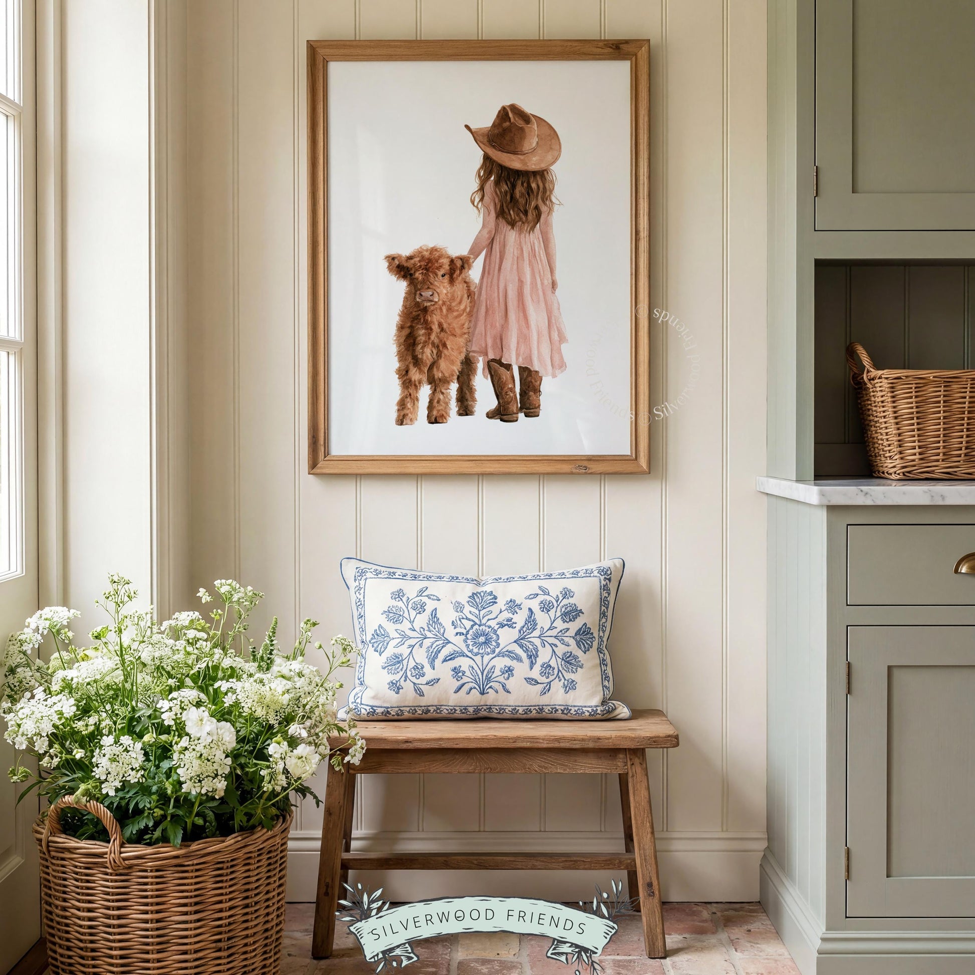 Western girl and calf gallery wall print — soft delicate brushwork in blush, rust, and cream